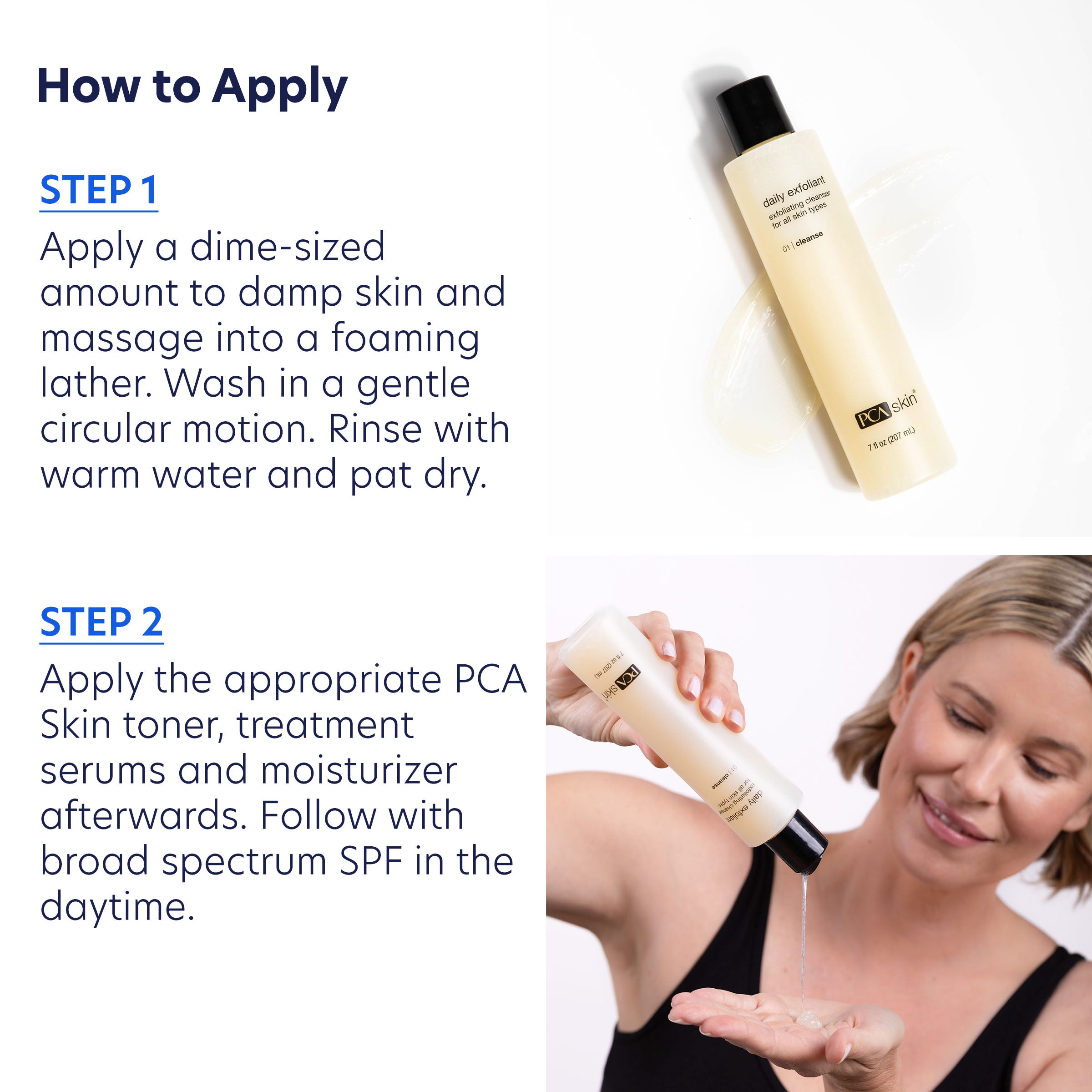 PCA Skincare product with application instructions and a woman applying the product.