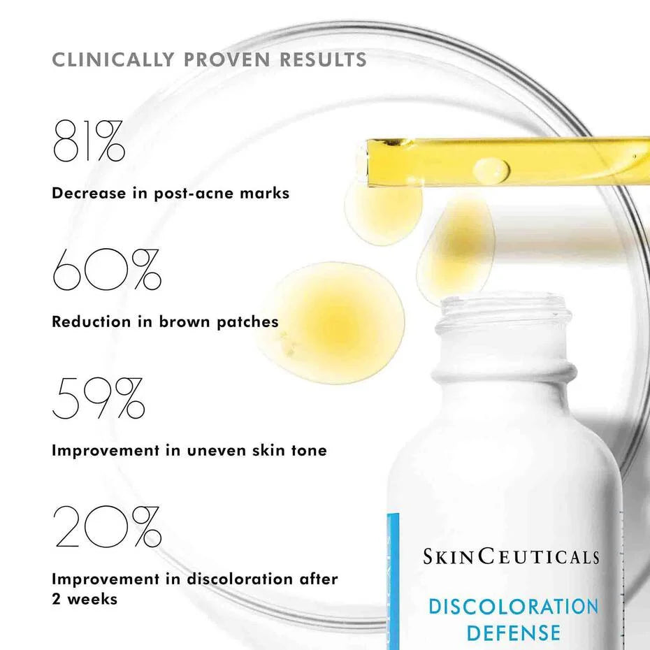 SkinCeuticals Discoloration Defense product with clinical results on a white background