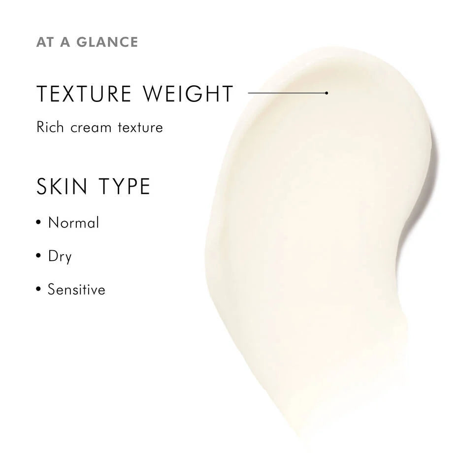 Product description card with texture weight and skin type compatibility on a white background