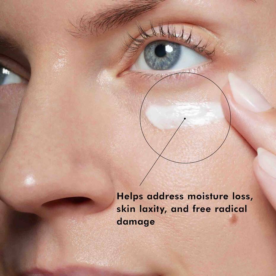 Close-up of a person applying cream under their eye with text about skincare benefits.