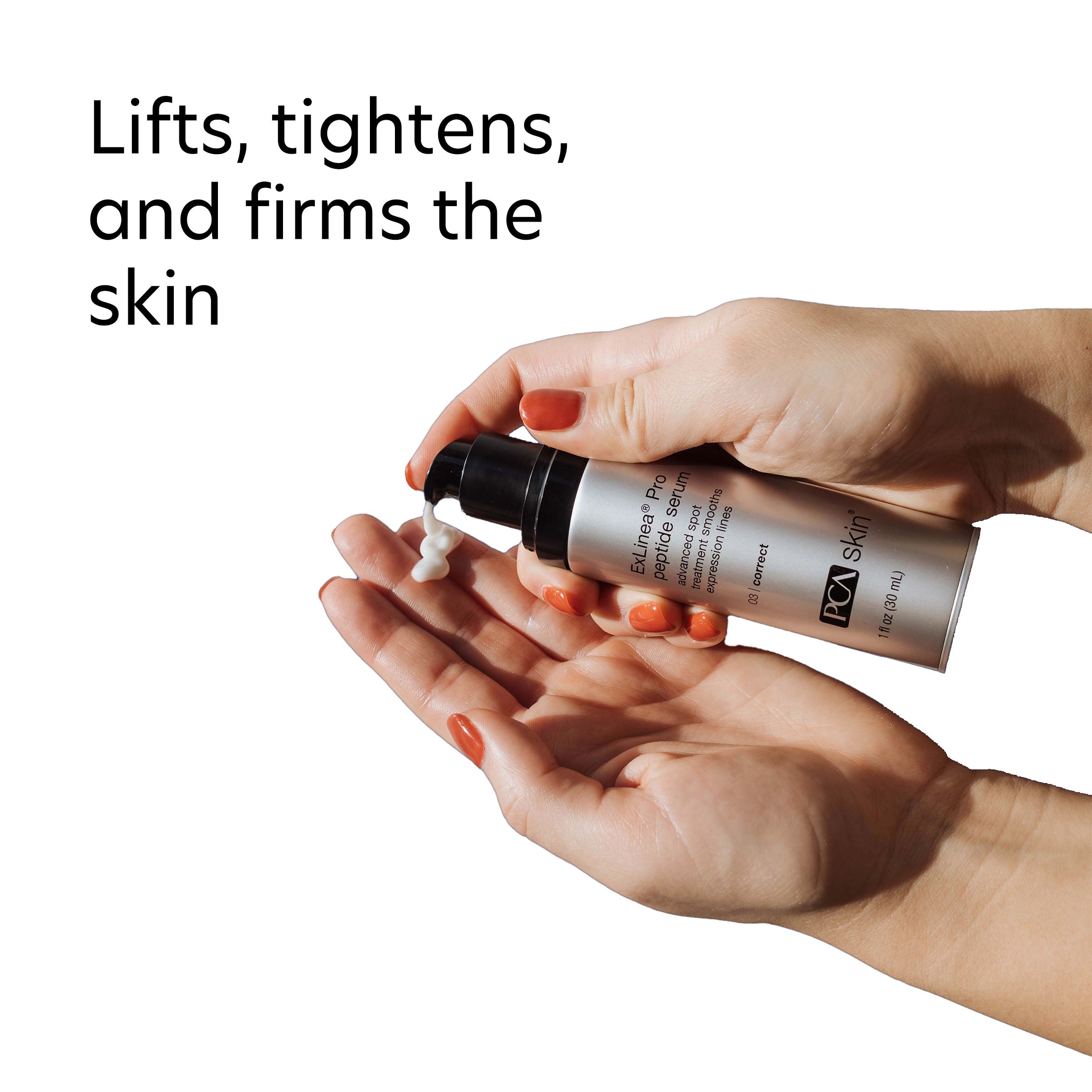 Hand holding a skincare product with text 'Lifts, tightens, and firms the skin' on a white background