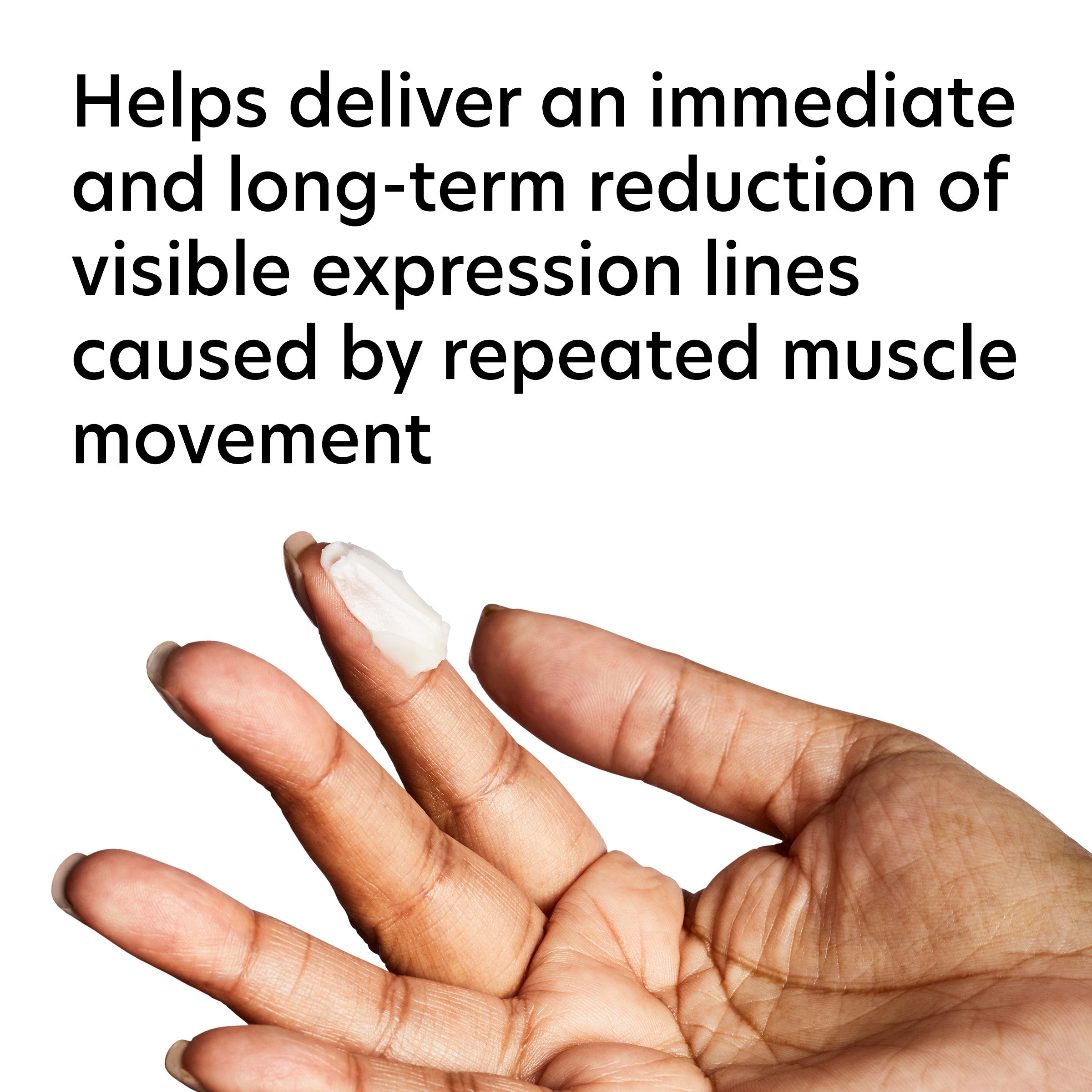 Hand with text about reducing visible expression lines caused by muscle movement