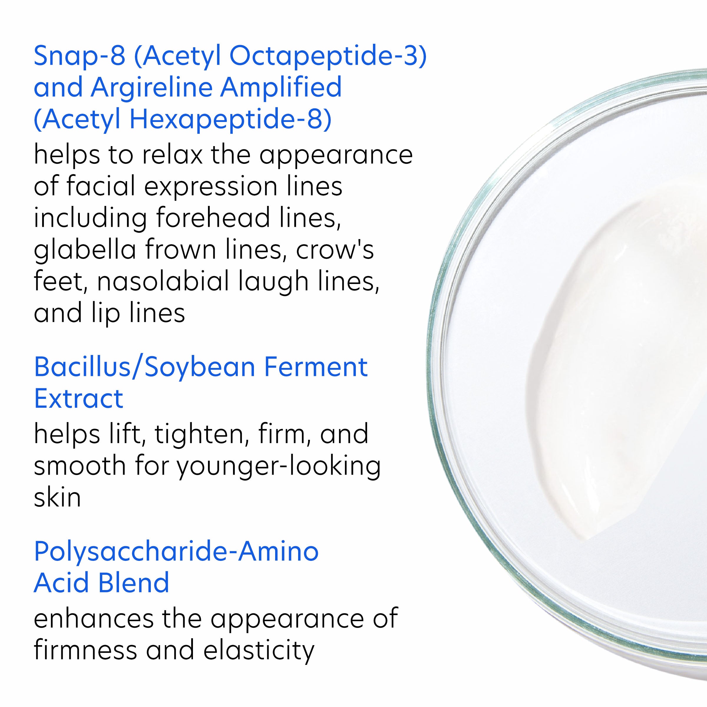 Glass container with skincare product and text about ingredients and benefits on a white background