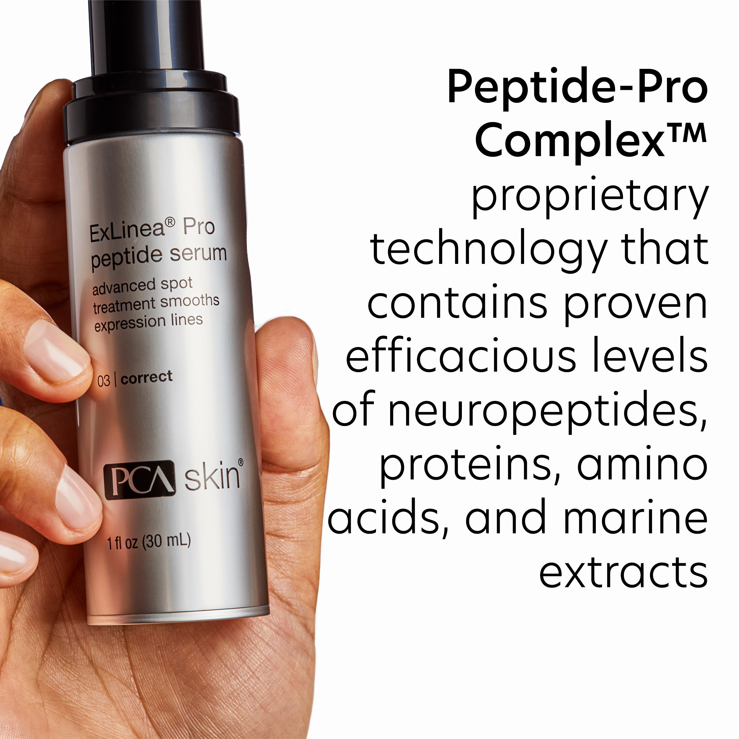 PCA skin ExLinea Pro peptide serum held in a hand with product details text.