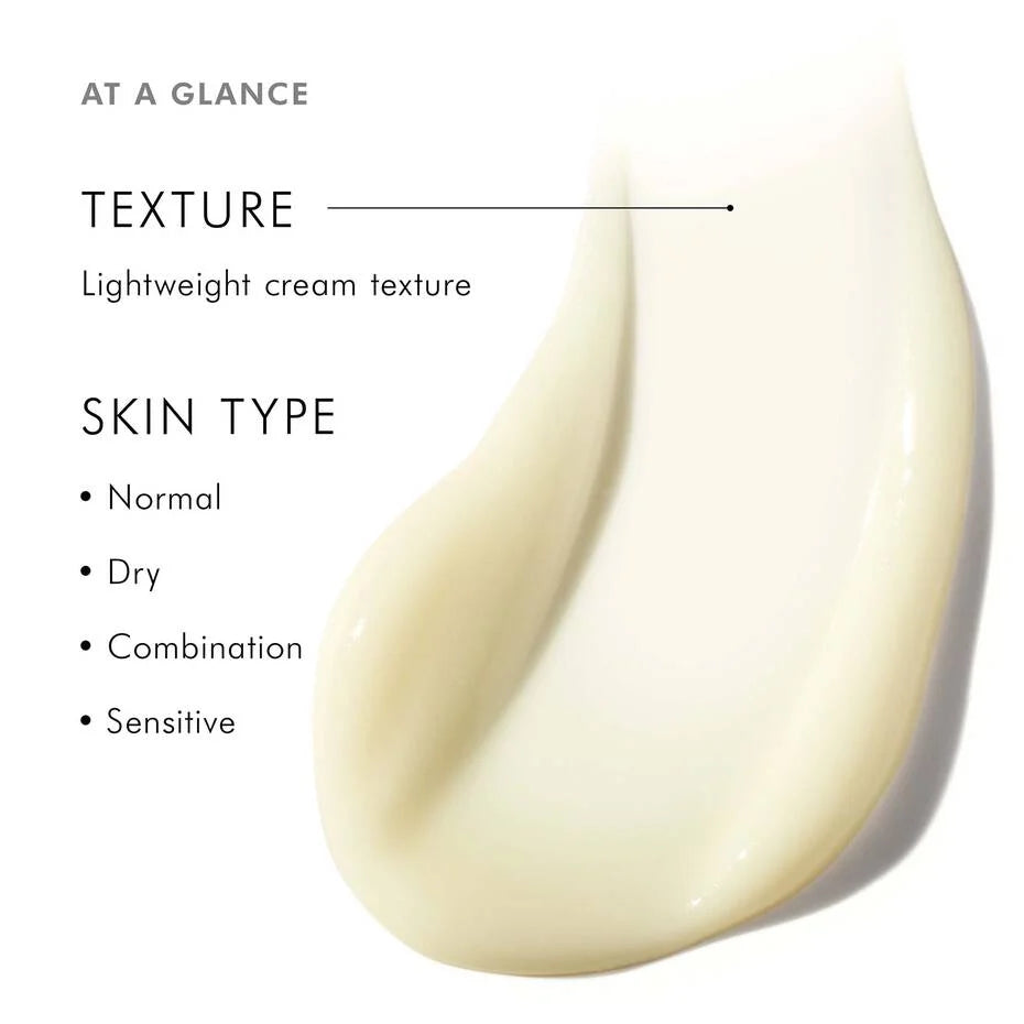 Lightweight cream texture with text indicating suitability for normal, dry, combination, and sensitive skin types.