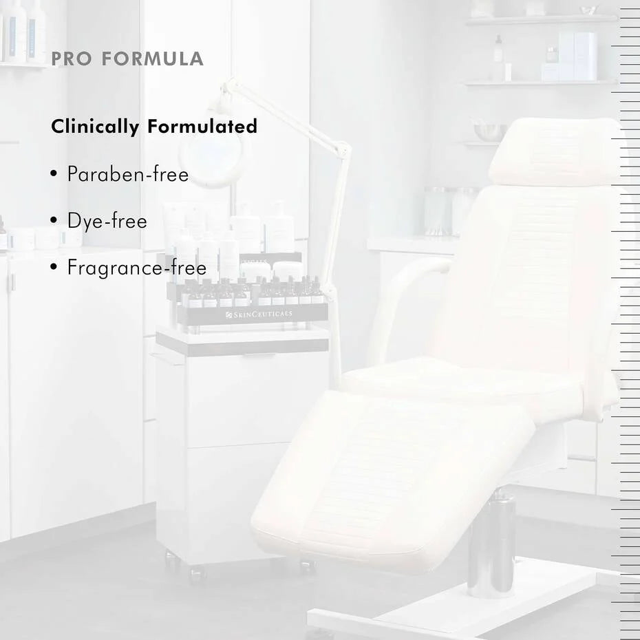 White chair with text highlighting 'Pro Formula' and product features in a clinical setting.