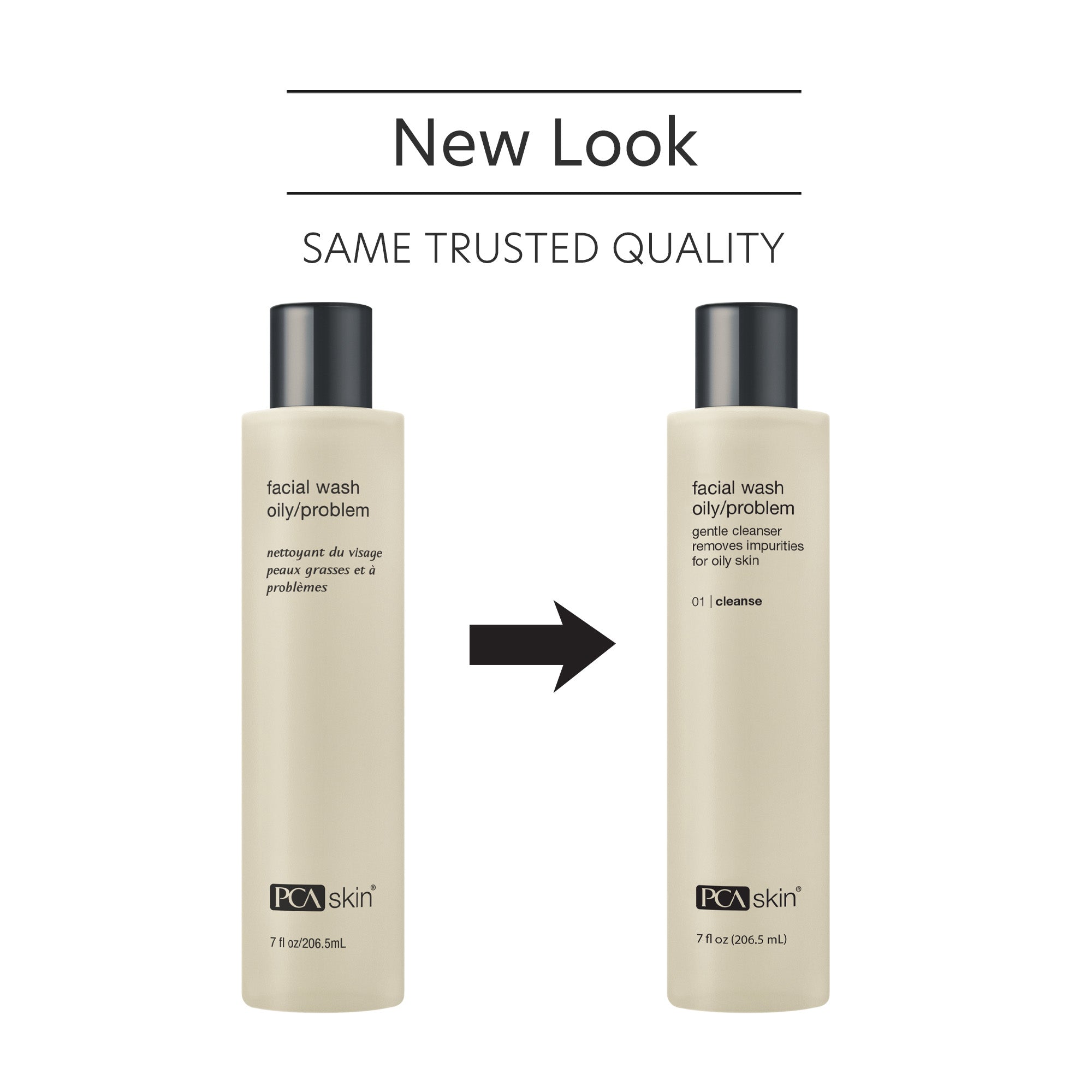 Two bottles of PCA Skin facial wash for oily/problem skin with a new look label on a white background.