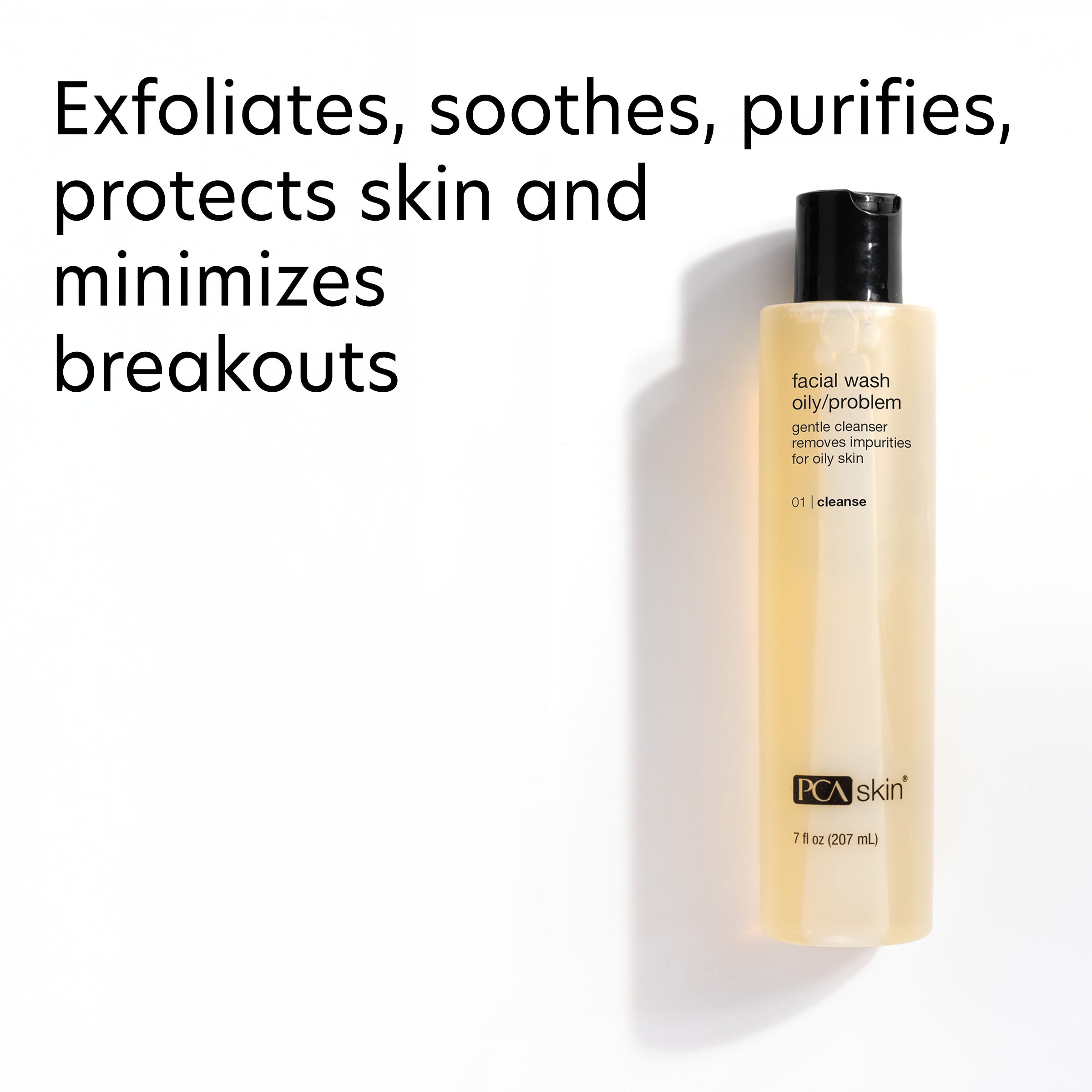 PCA Skin facial wash bottle on a white background with text about skin benefits.