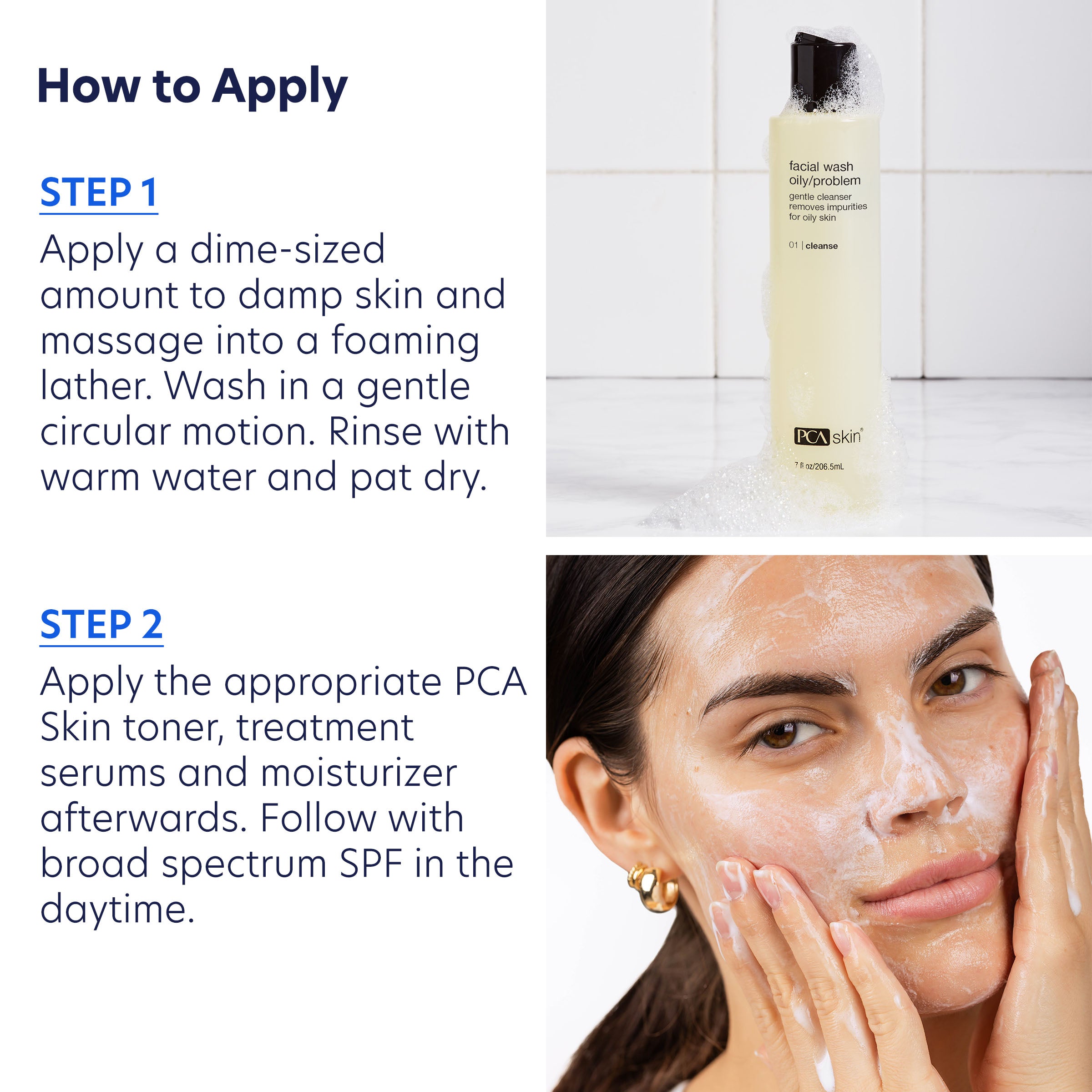 PCA Skin facial wash bottle with application instructions and a woman applying skincare products.