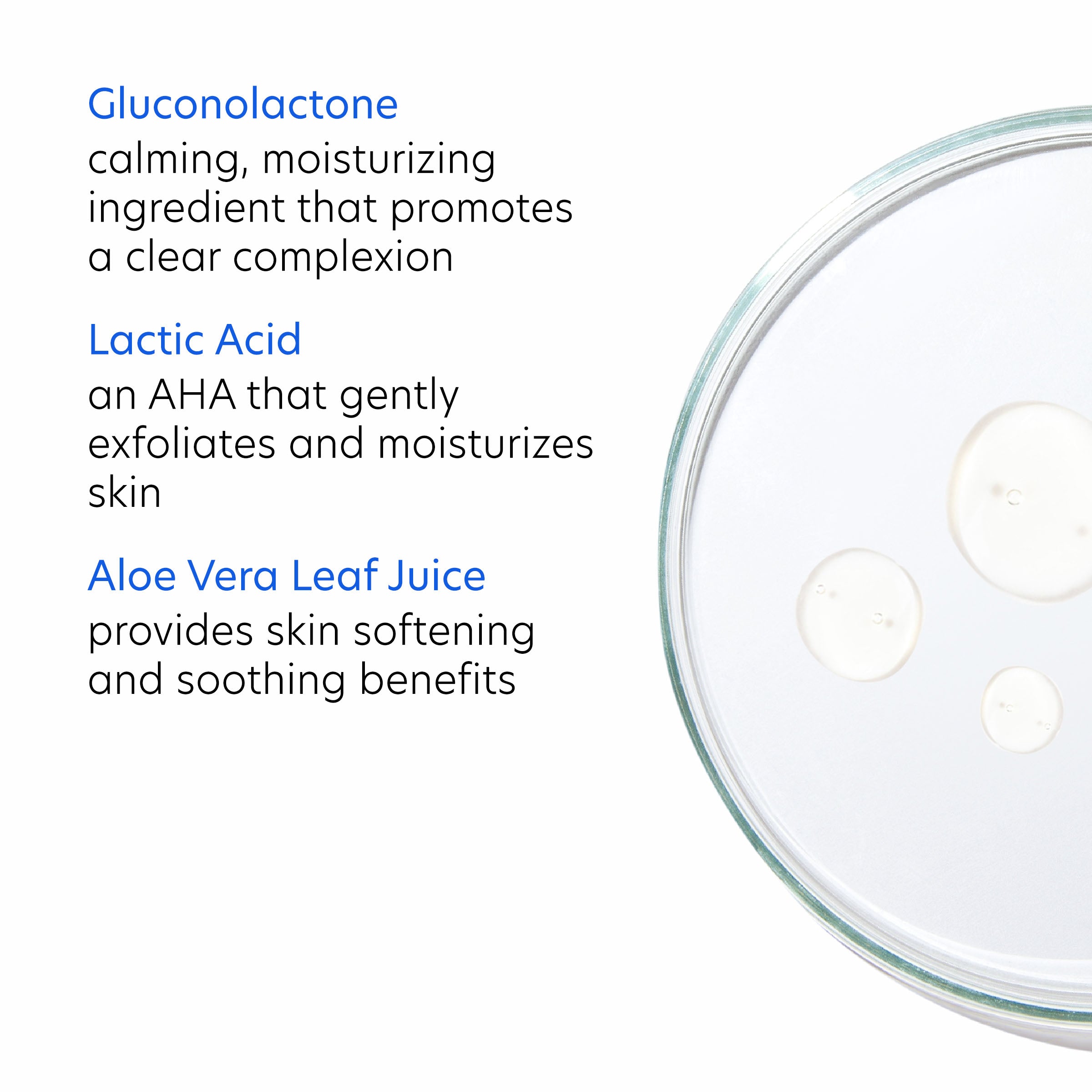 Glass container with aloe vera gel and text about skincare ingredients on a white background