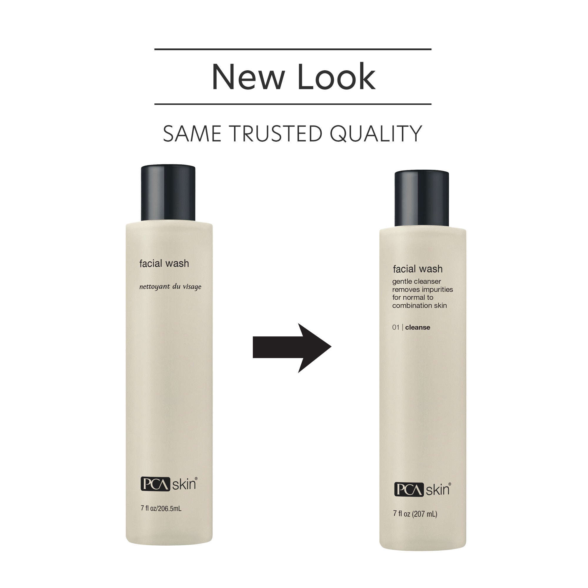 Two bottles of PCA Skin facial wash with a new look comparison on a white background.