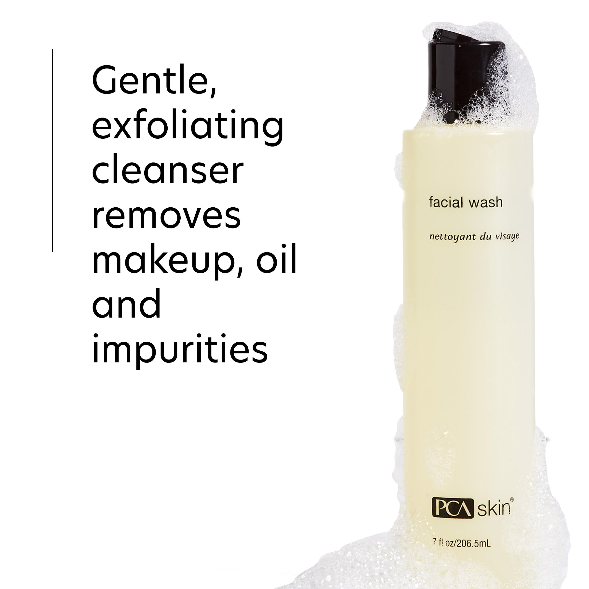 Facial wash bottle with text about gentle exfoliating cleanser on a white background