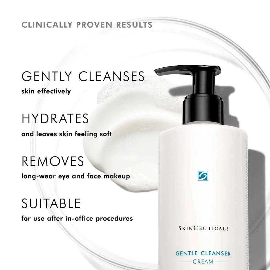 SkinCeuticals Gentle Cleanser Cream with text highlighting its benefits on a white background