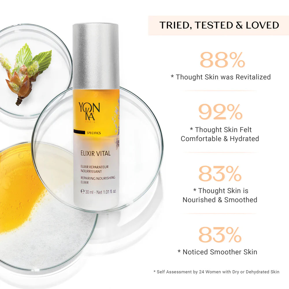 Yon-Ka skincare product with glass container and text on a white background