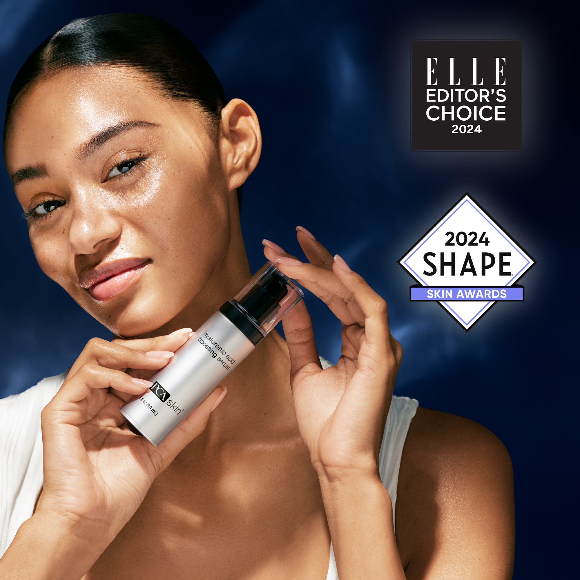 Woman applying skincare product with 'ELLE Editor's Choice 2024' and '2024 SHAPE Skin Awards' logos in the background.