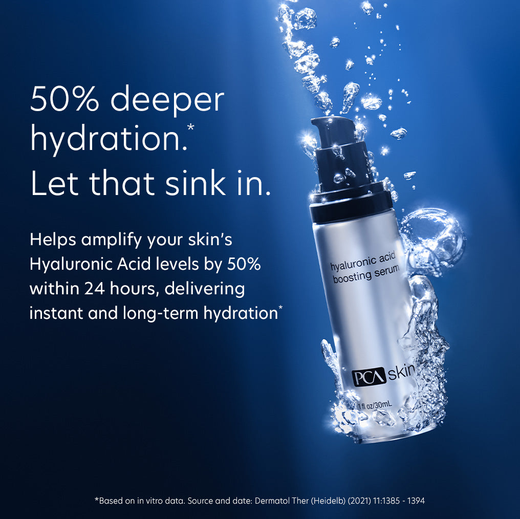 PCA skin hyaluronic acid boosting serum with water droplets on a blue background