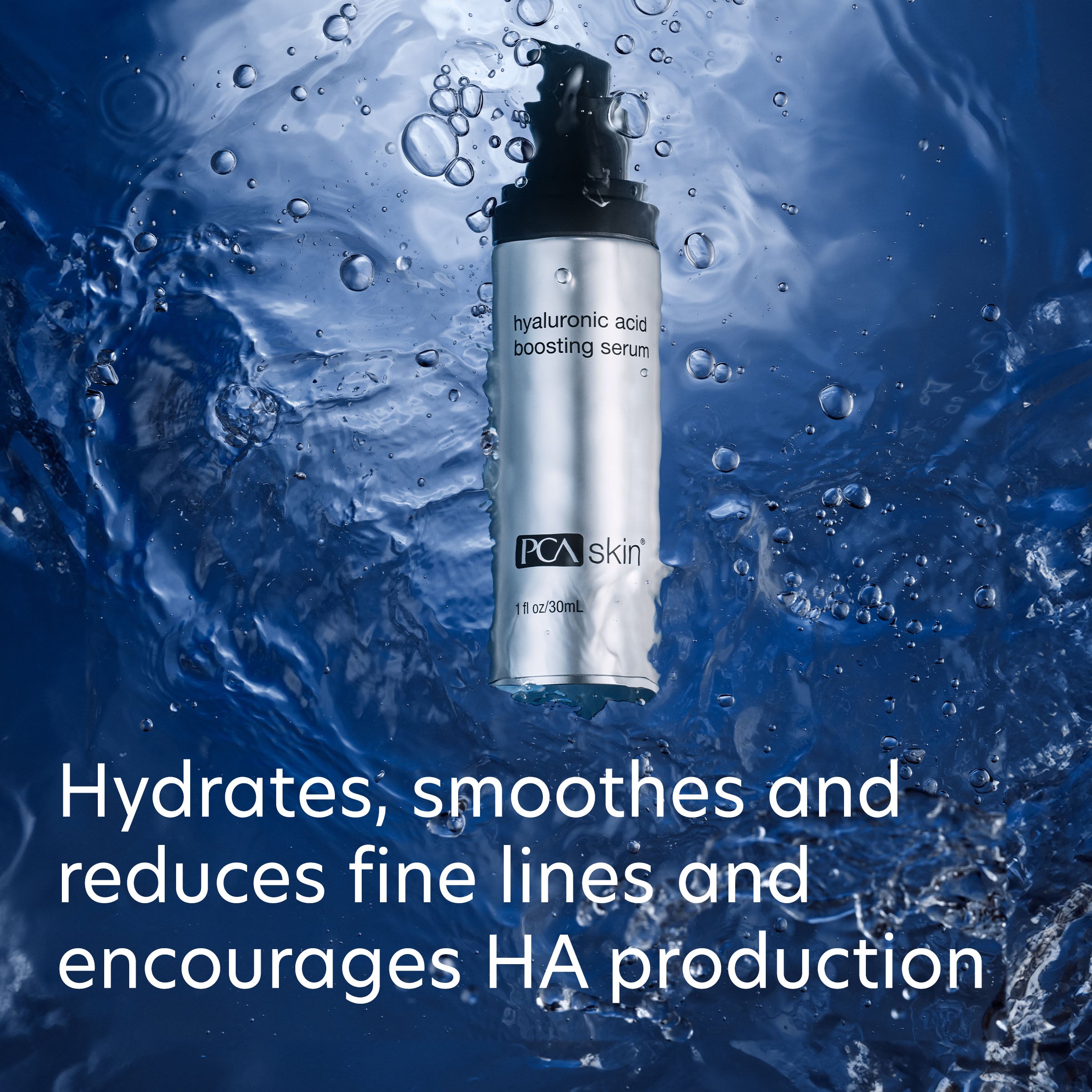 PCA skin hyaluronic acid boosting serum bottle with water droplets on a blue background