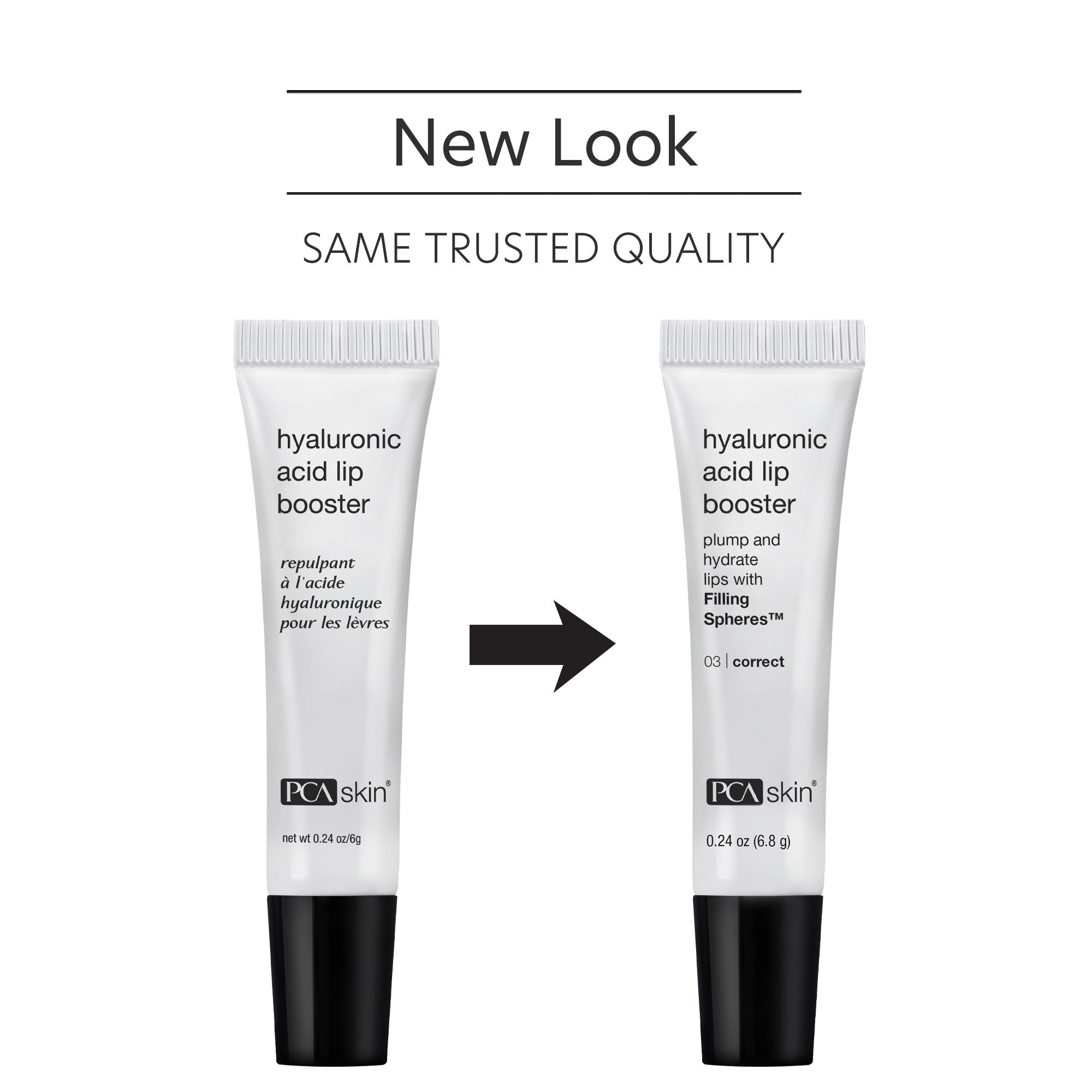 Two tubes of PCA Skin hyaluronic acid lip booster with a new look label on a white background.
