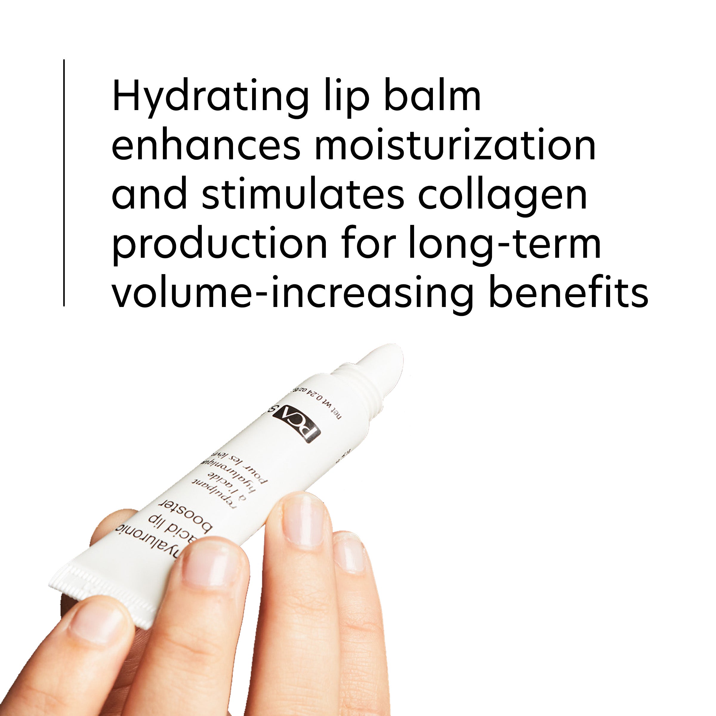 Hydrating lip balm being held with text about its benefits on a white background