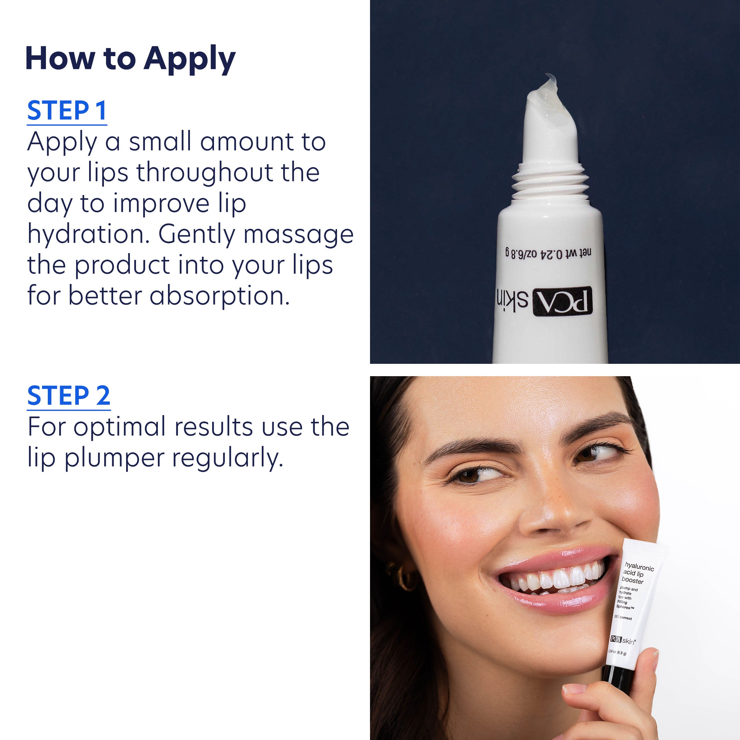 Lip plumper product with application instructions and a model using it.