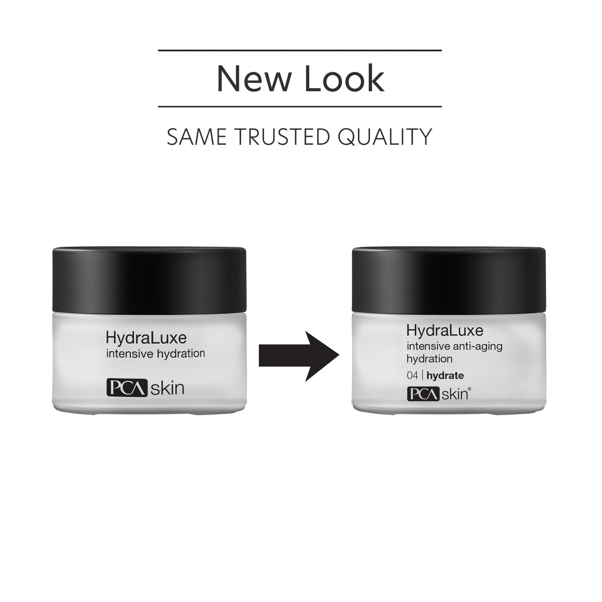 Two jars of PCA Skin HydraLuxe cream with a black arrow pointing to the new version on a white background.