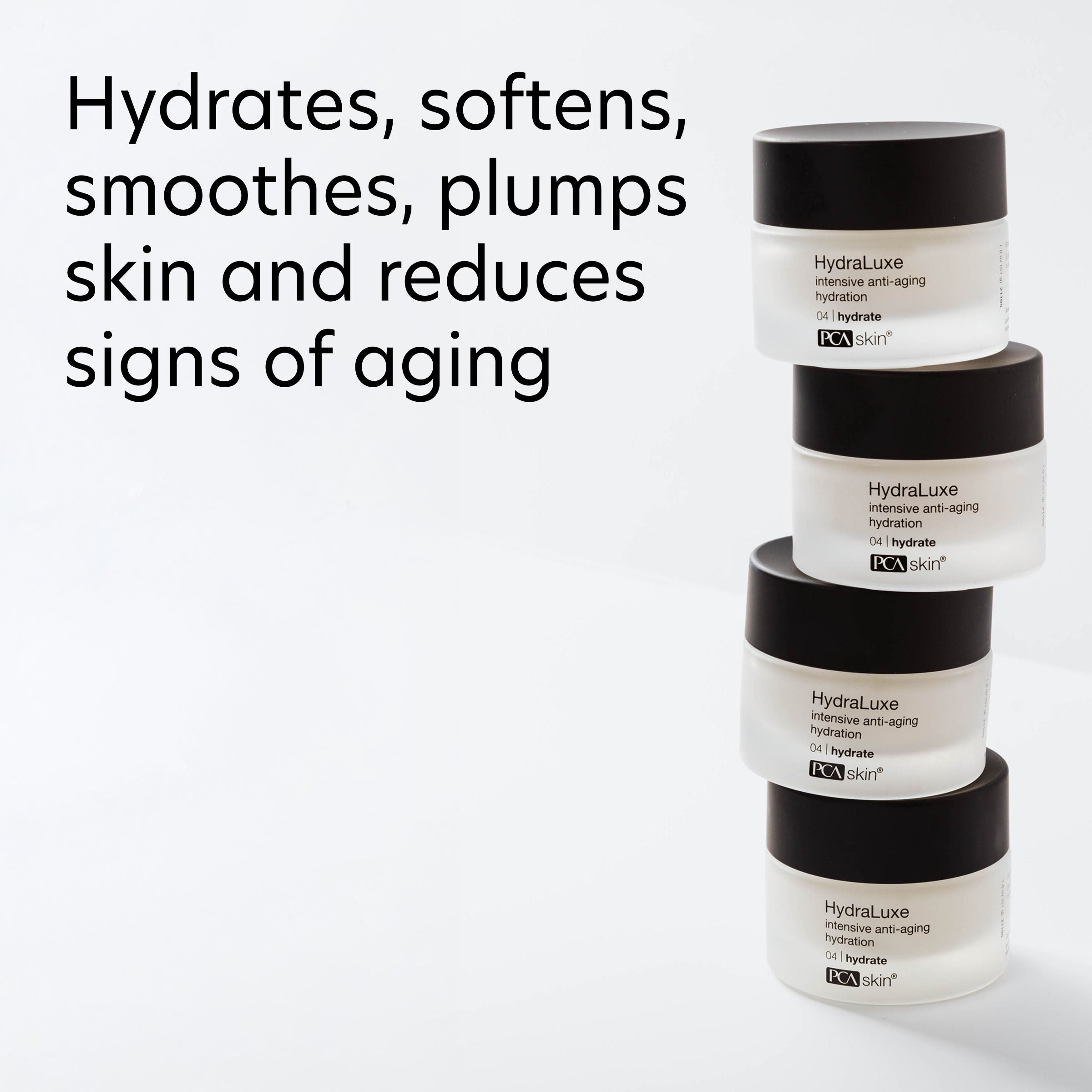 Skincare product bottles with text highlighting skin benefits on a white background