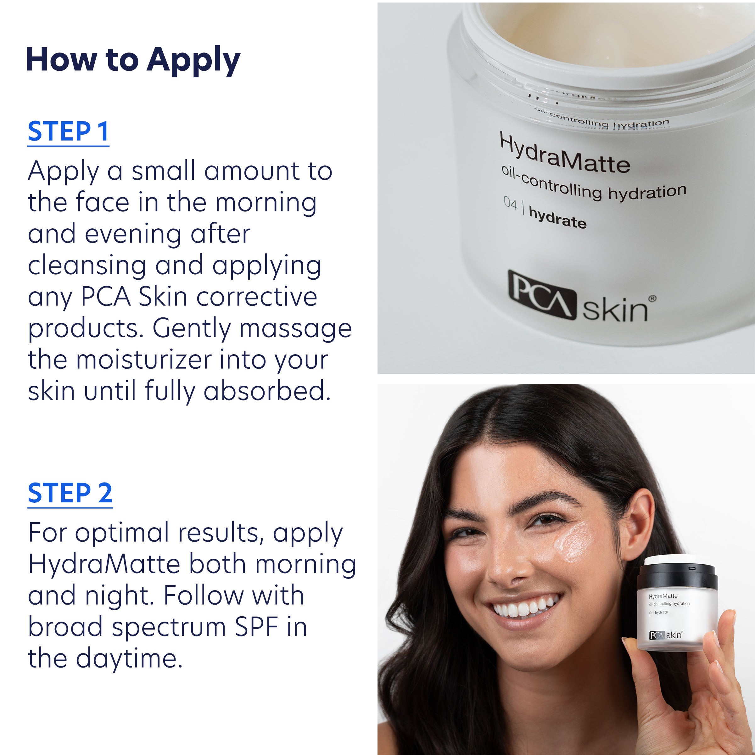 PCA Skin HydraMatte product with application instructions and a model holding the jar.