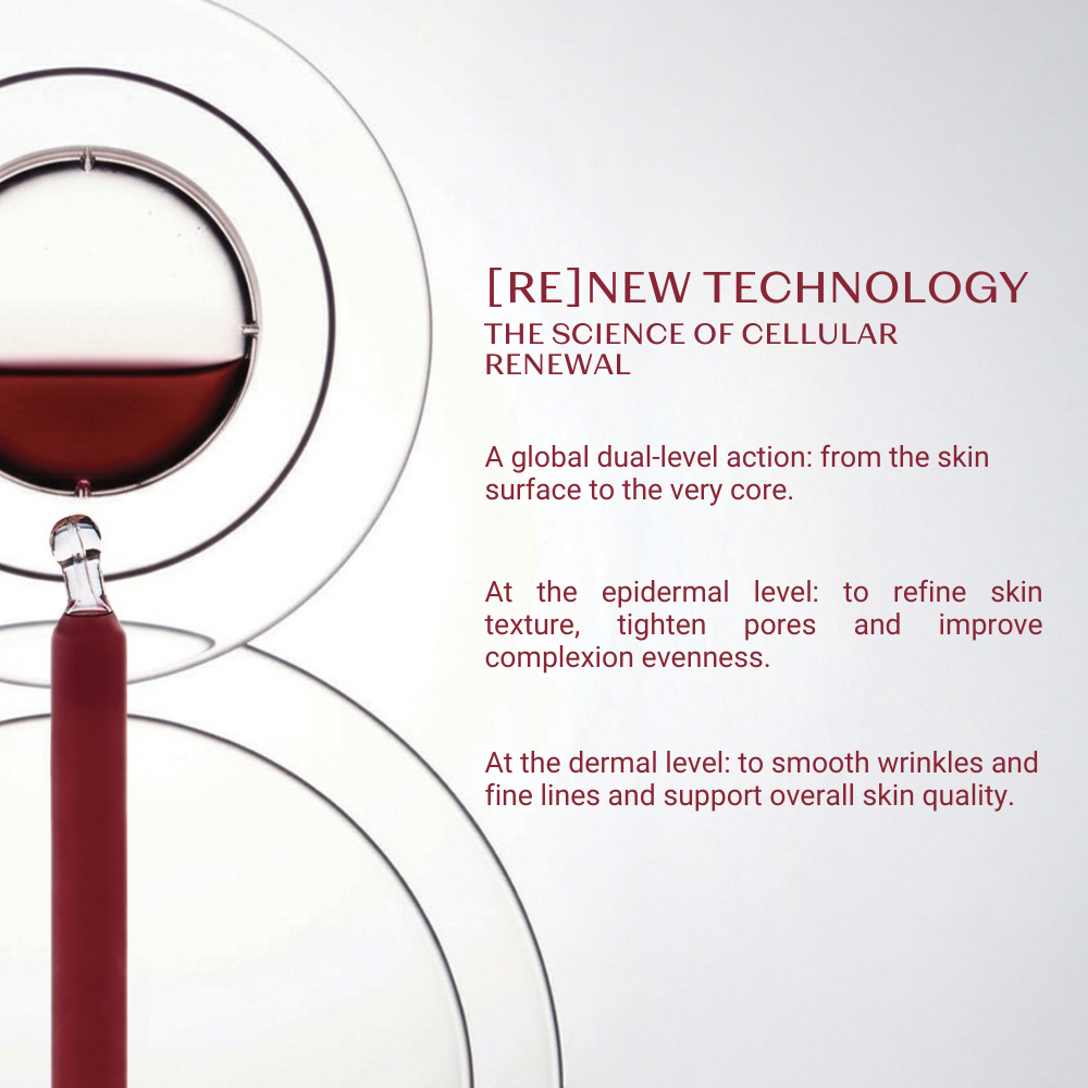 Advertisement for 'RE]NEW TECHNOLOGY' with a dropper and blood-like liquid on a white background.