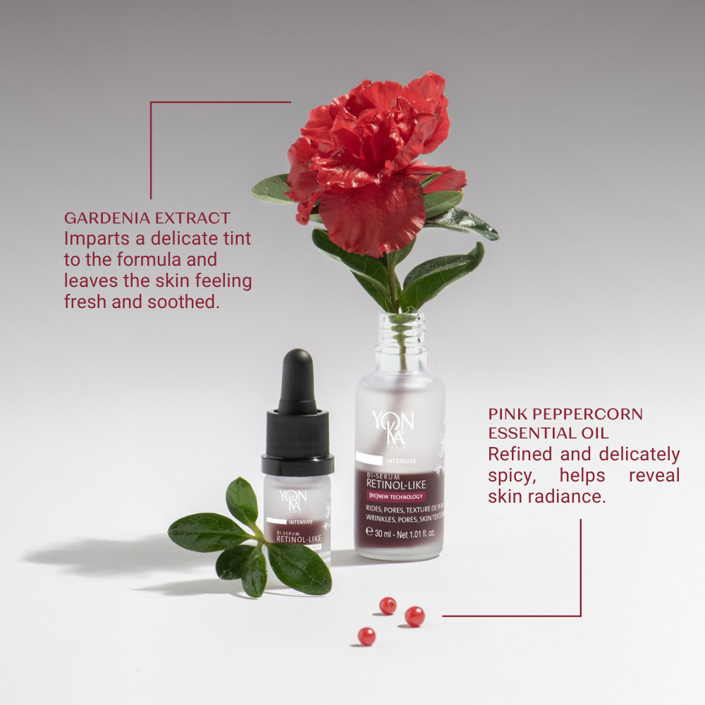 Skincare product with gardenia extract and pink peppercorn essential oil, featuring a red flower.