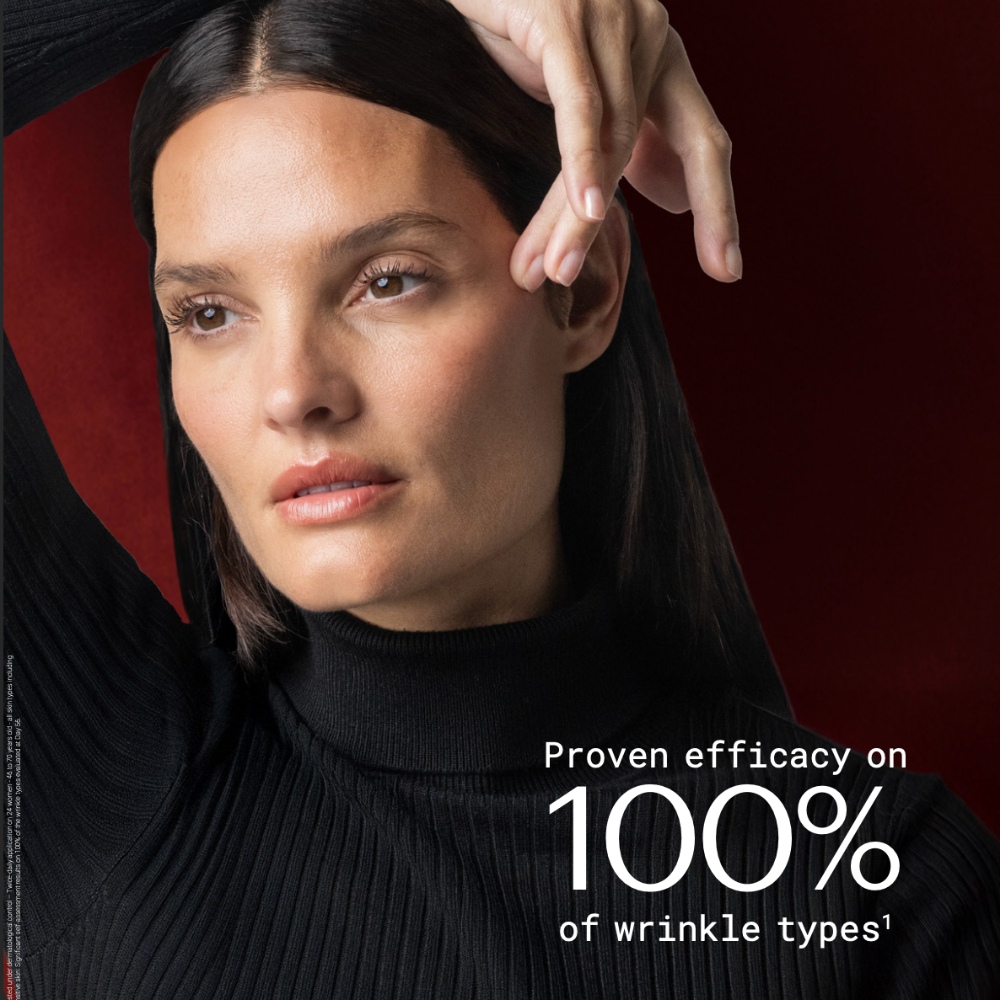 Woman with a hand on her head against a red background, with text about wrinkle treatment efficacy.