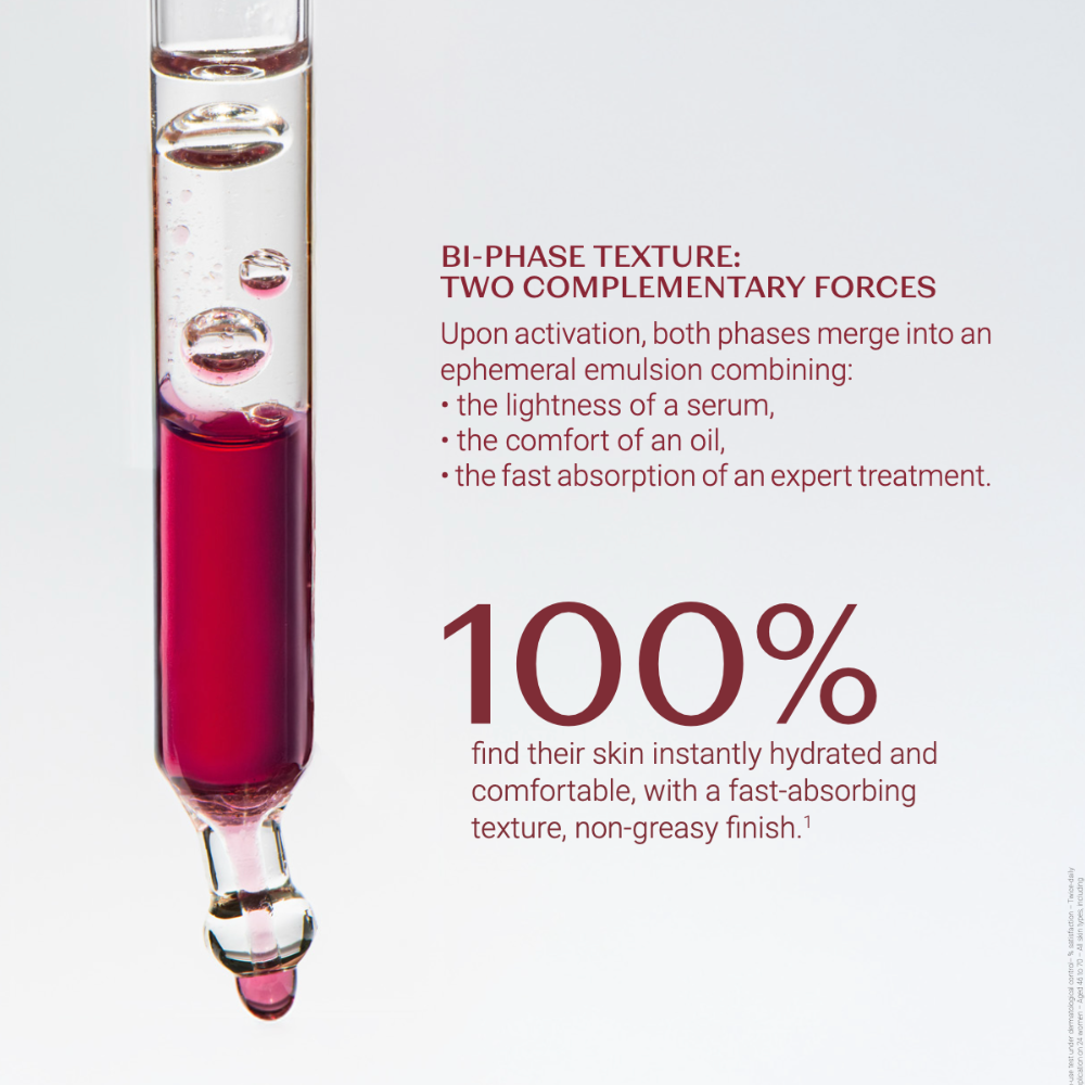 Vial with red liquid and text about bi-phase texture on a white background