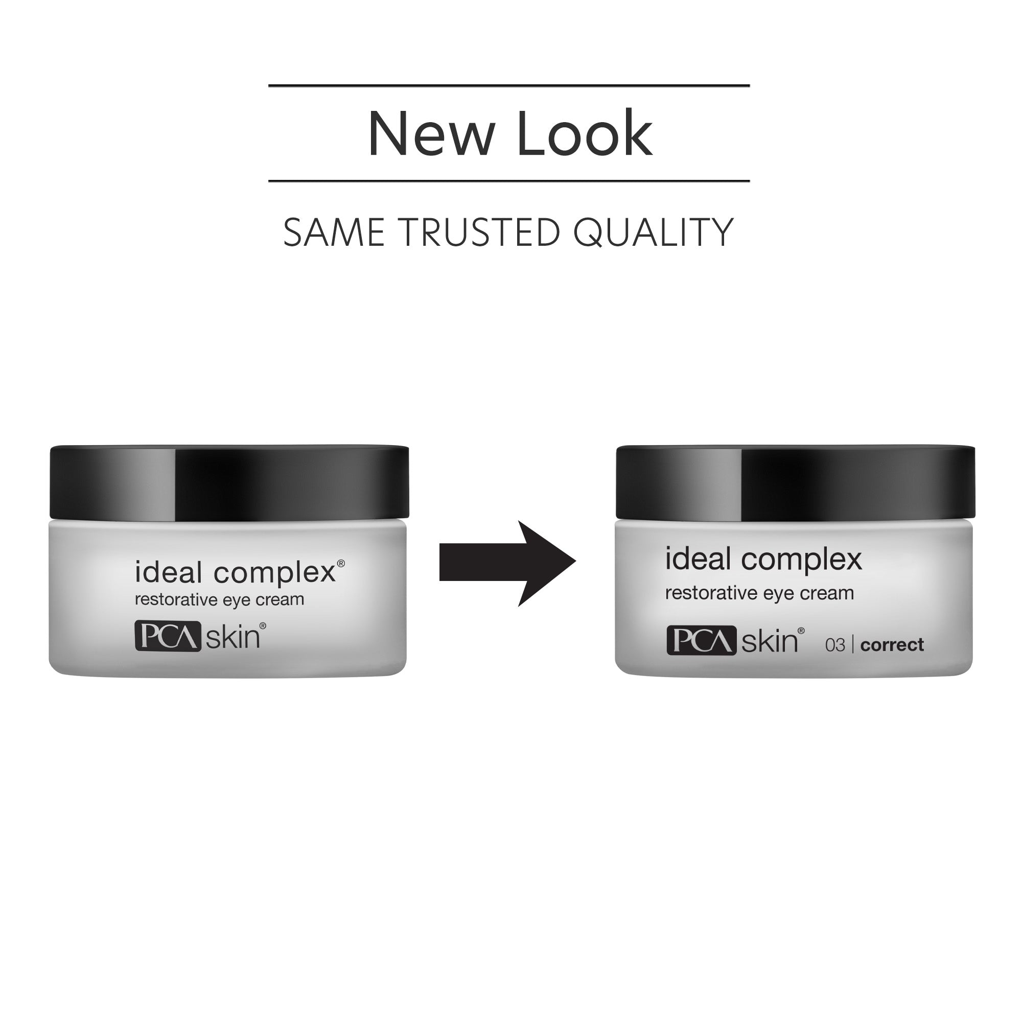 Two jars of PCA Skin ideal complex restorative eye cream with a black arrow between them on a white background.