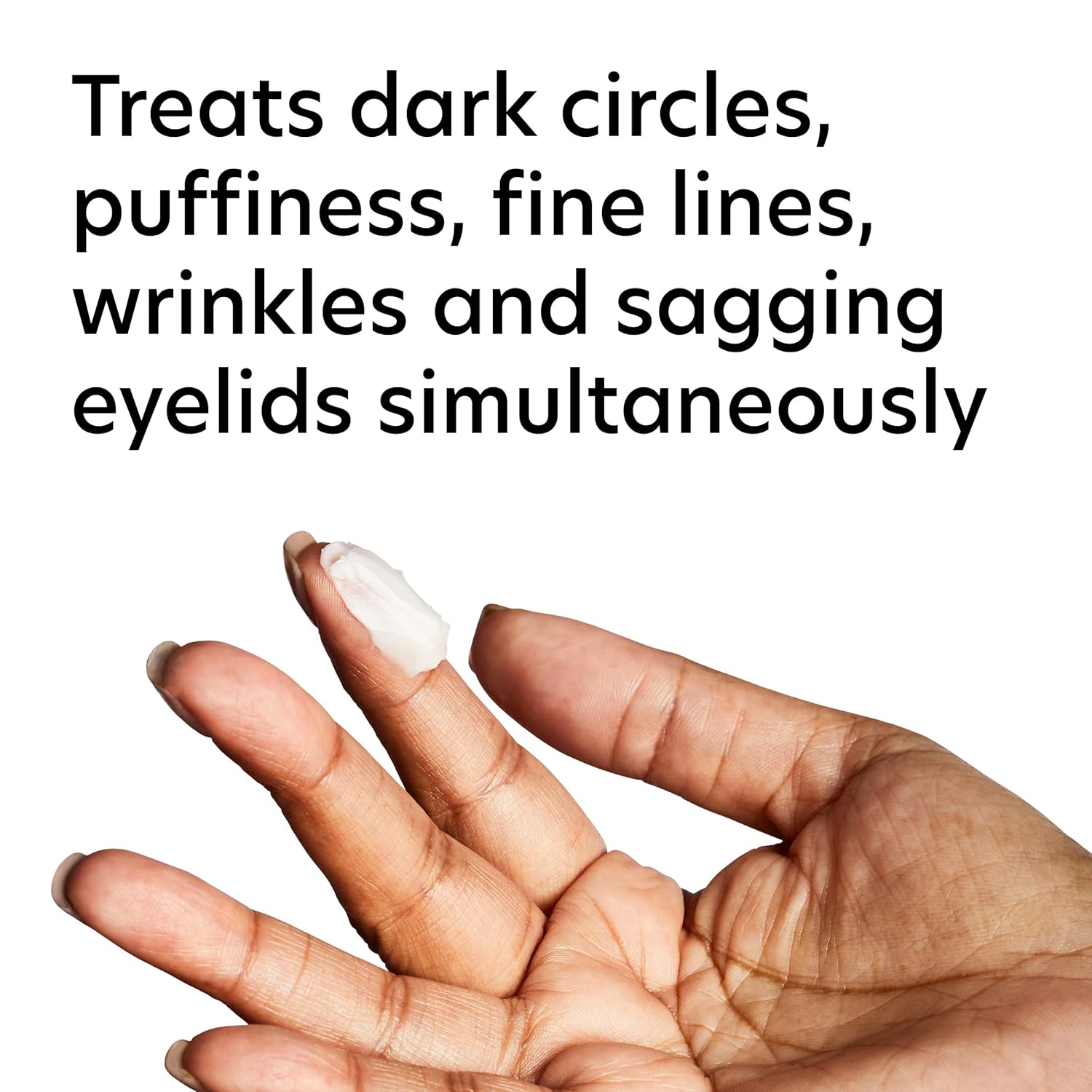 Hand with white nail polish on a white background with text about skincare benefits.
