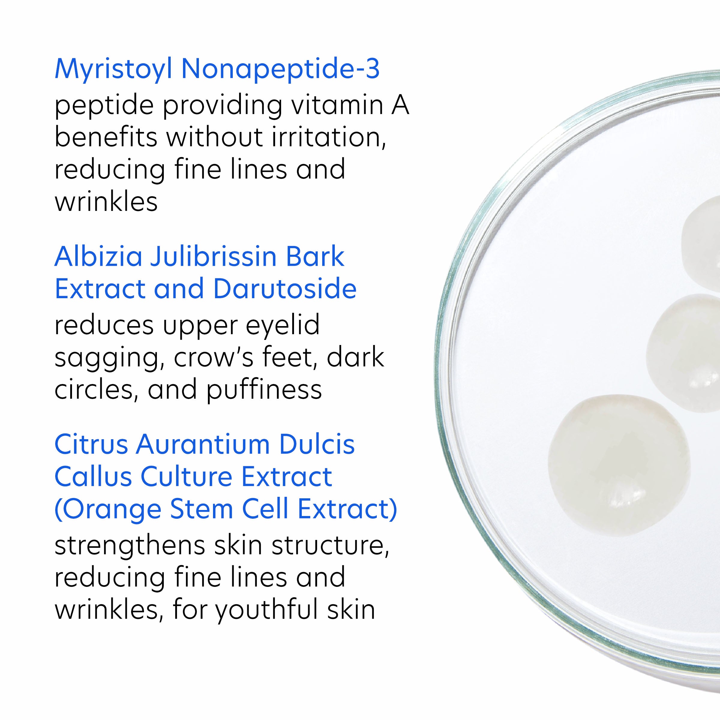 Glass bowl with white capsules and text about skincare ingredients on a white background