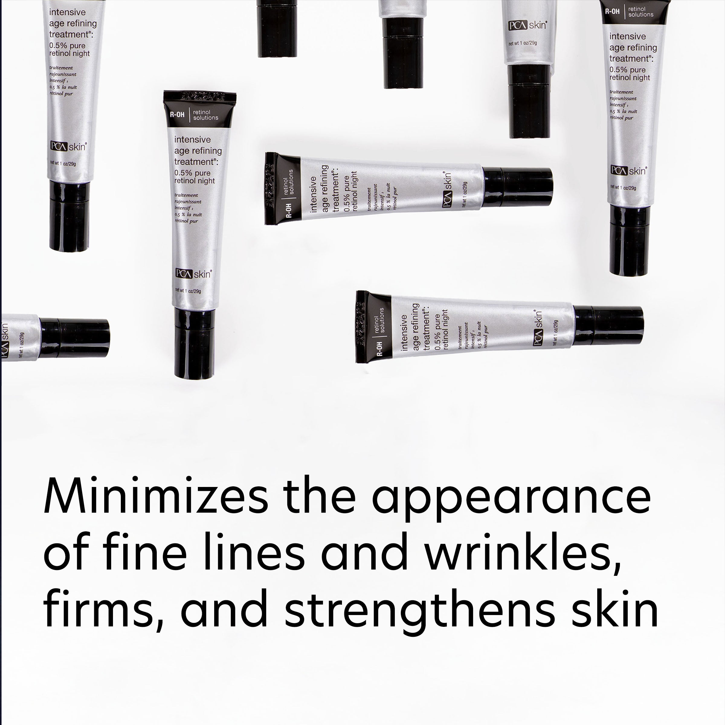 Skincare product tubes with text on a white background