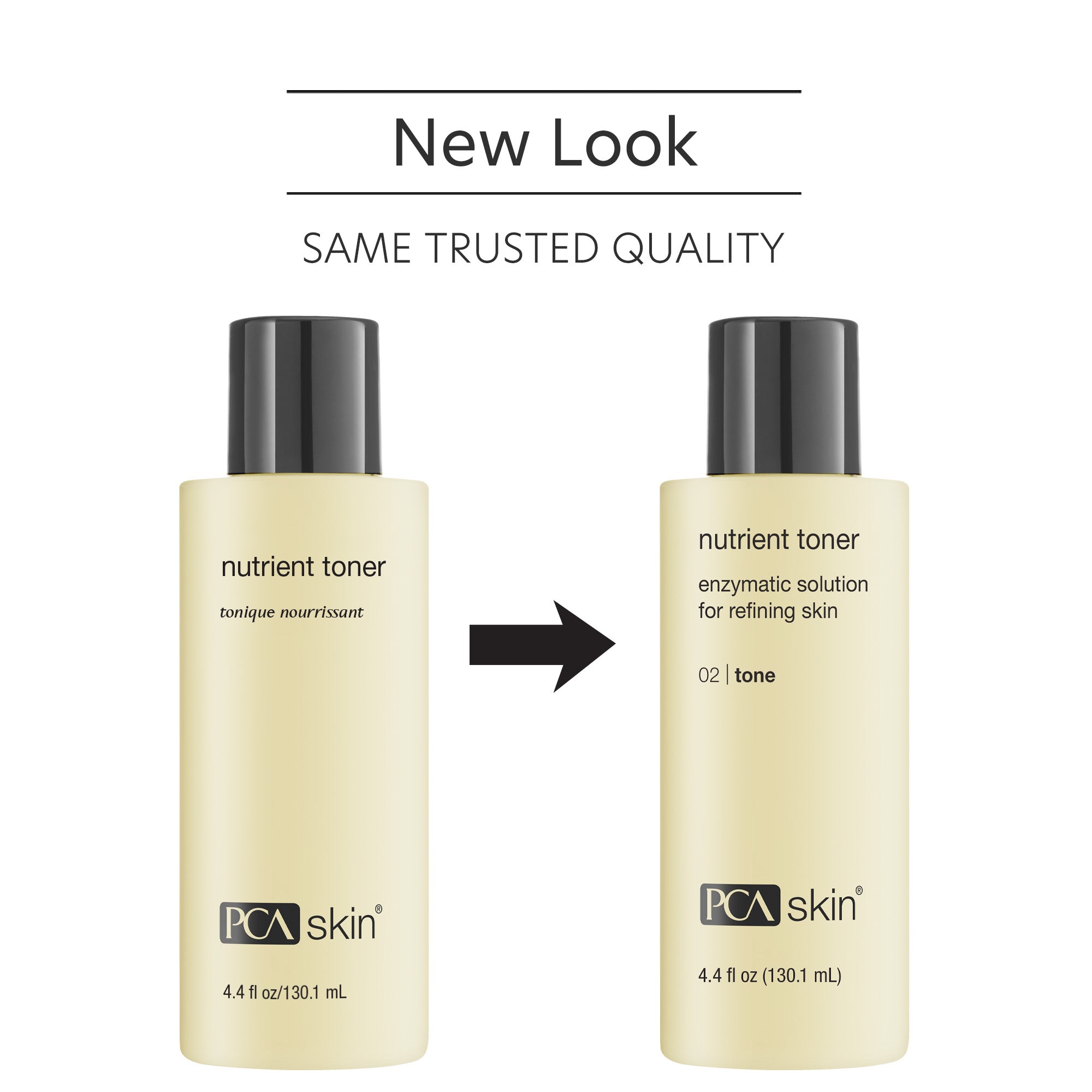 Two bottles of PCA Skin nutrient toner with a new look comparison on a white background.