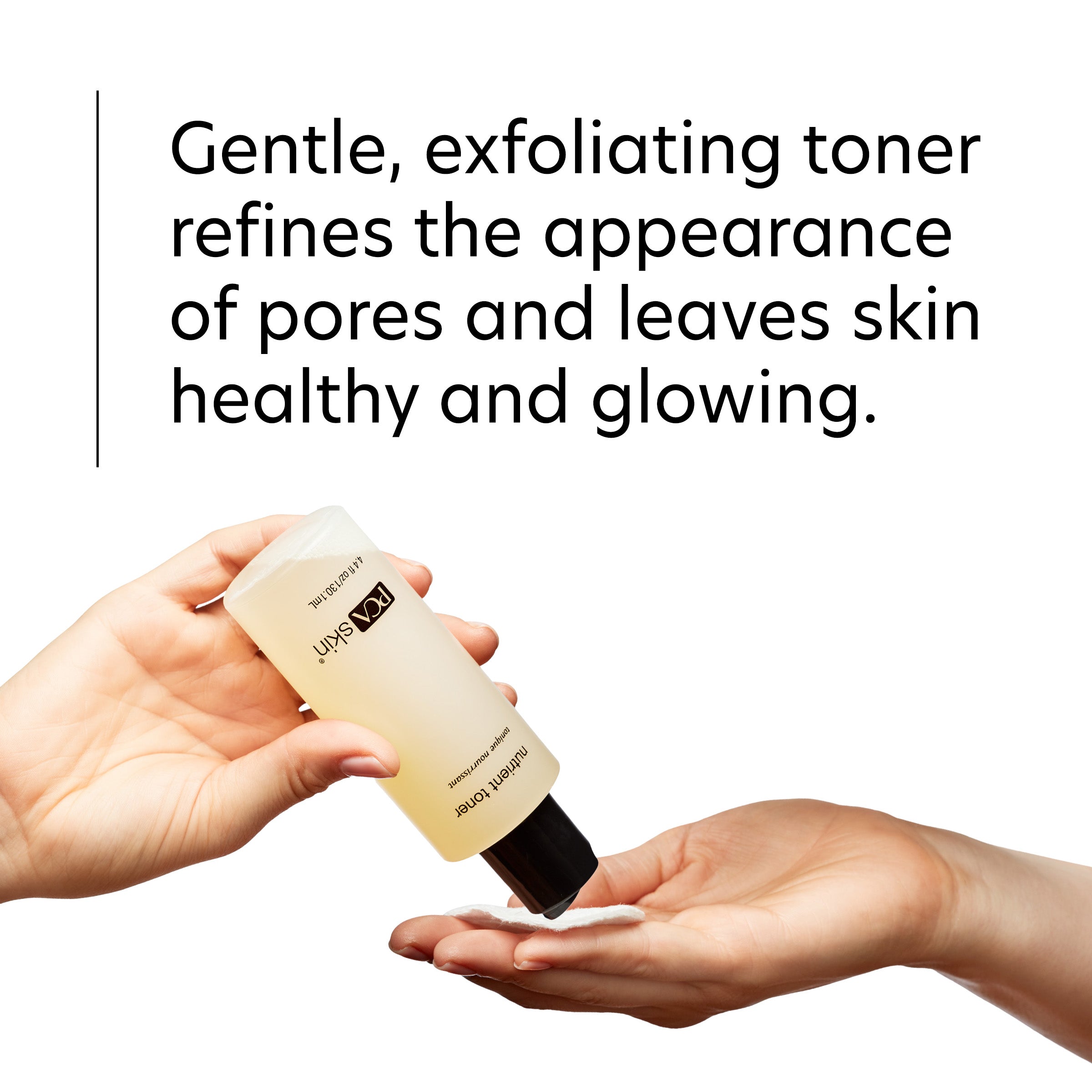 Hand holding a skincare bottle with text about gentle exfoliating toner.