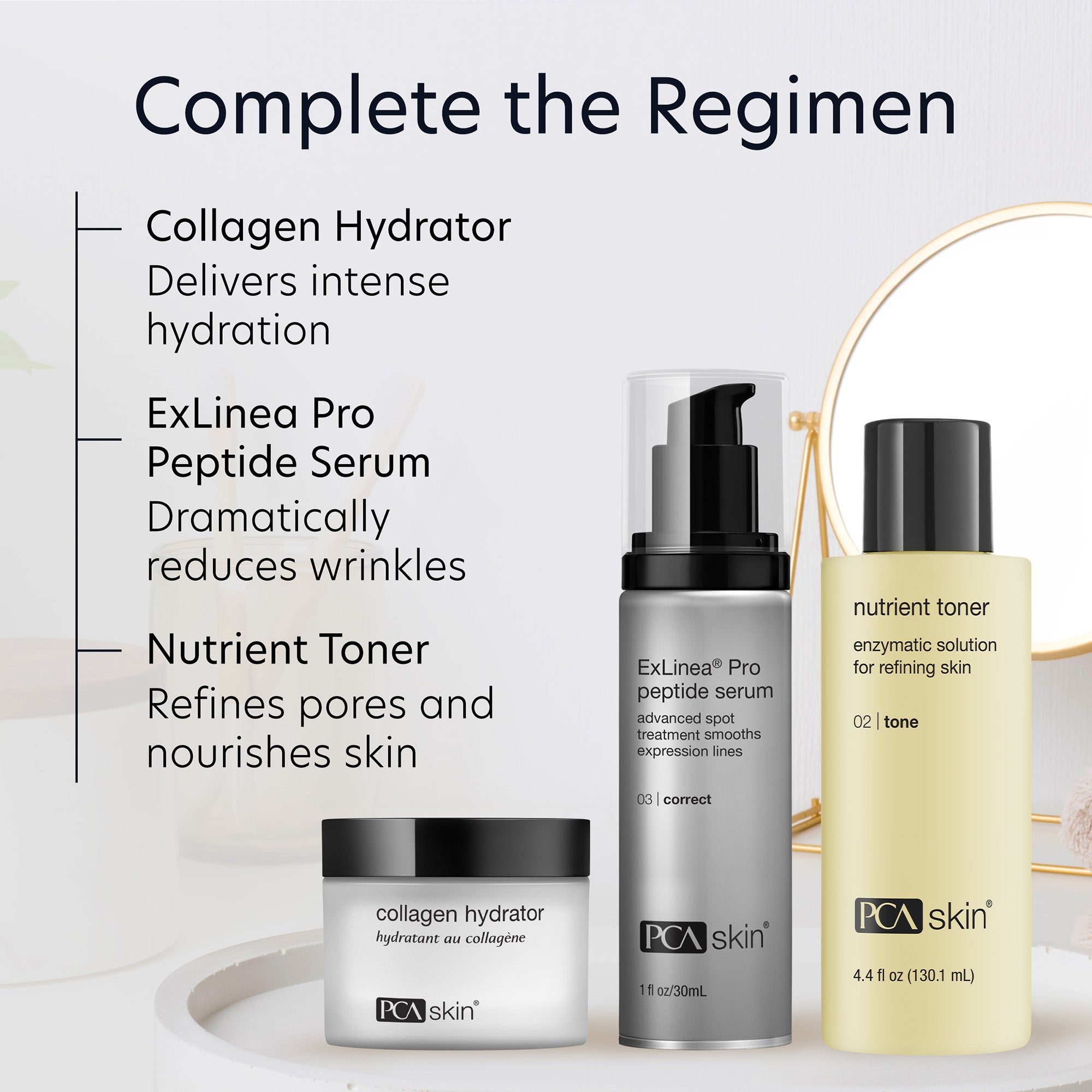 PCA skin skincare products with text describing their functions on a light background