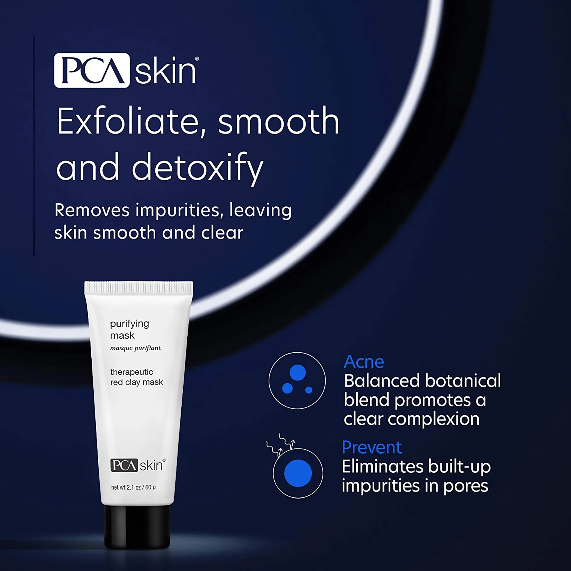 PCA Skin purifying mask with product description on a dark background