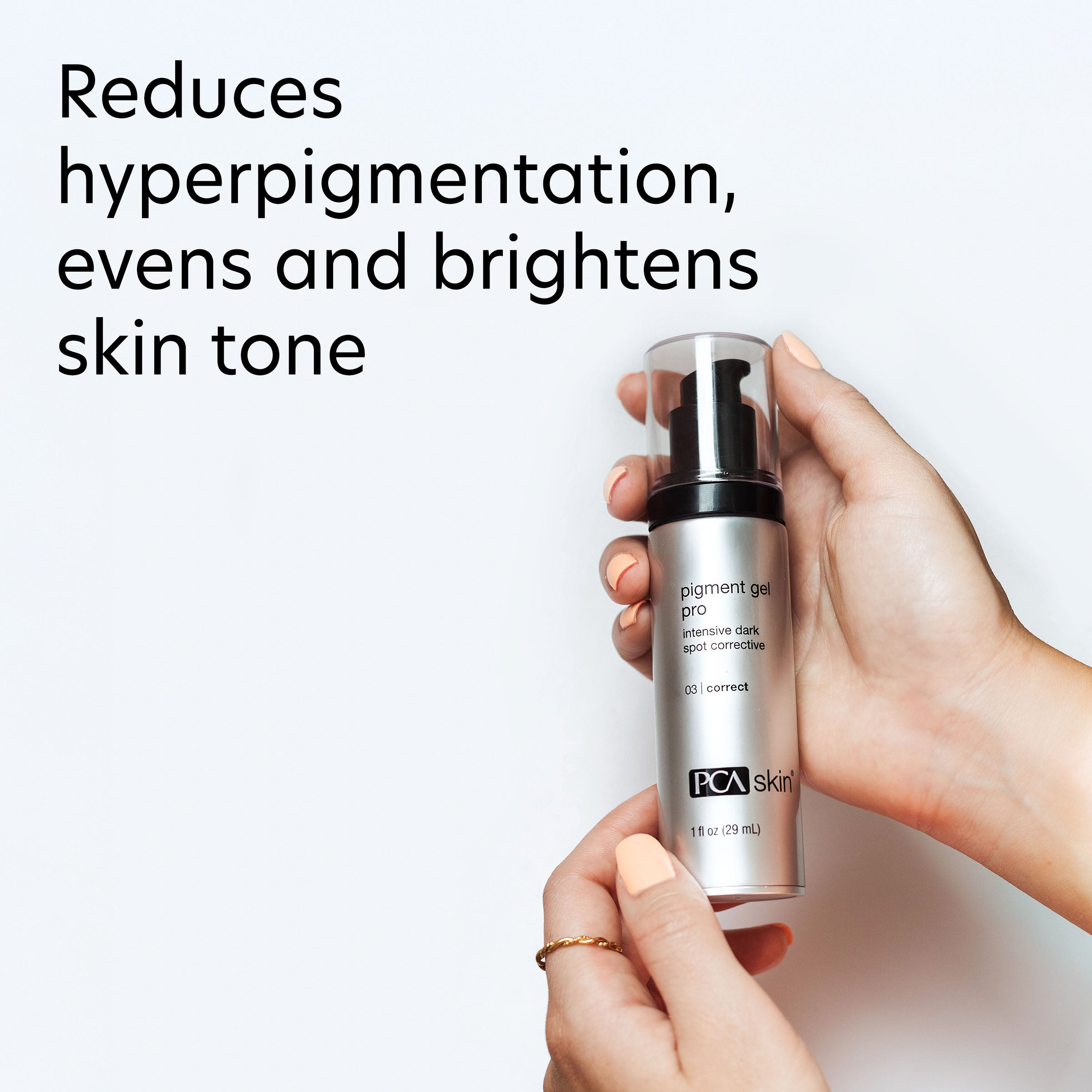 PCA Skin pigment gel pro held by a hand with text about skin benefits on a white background