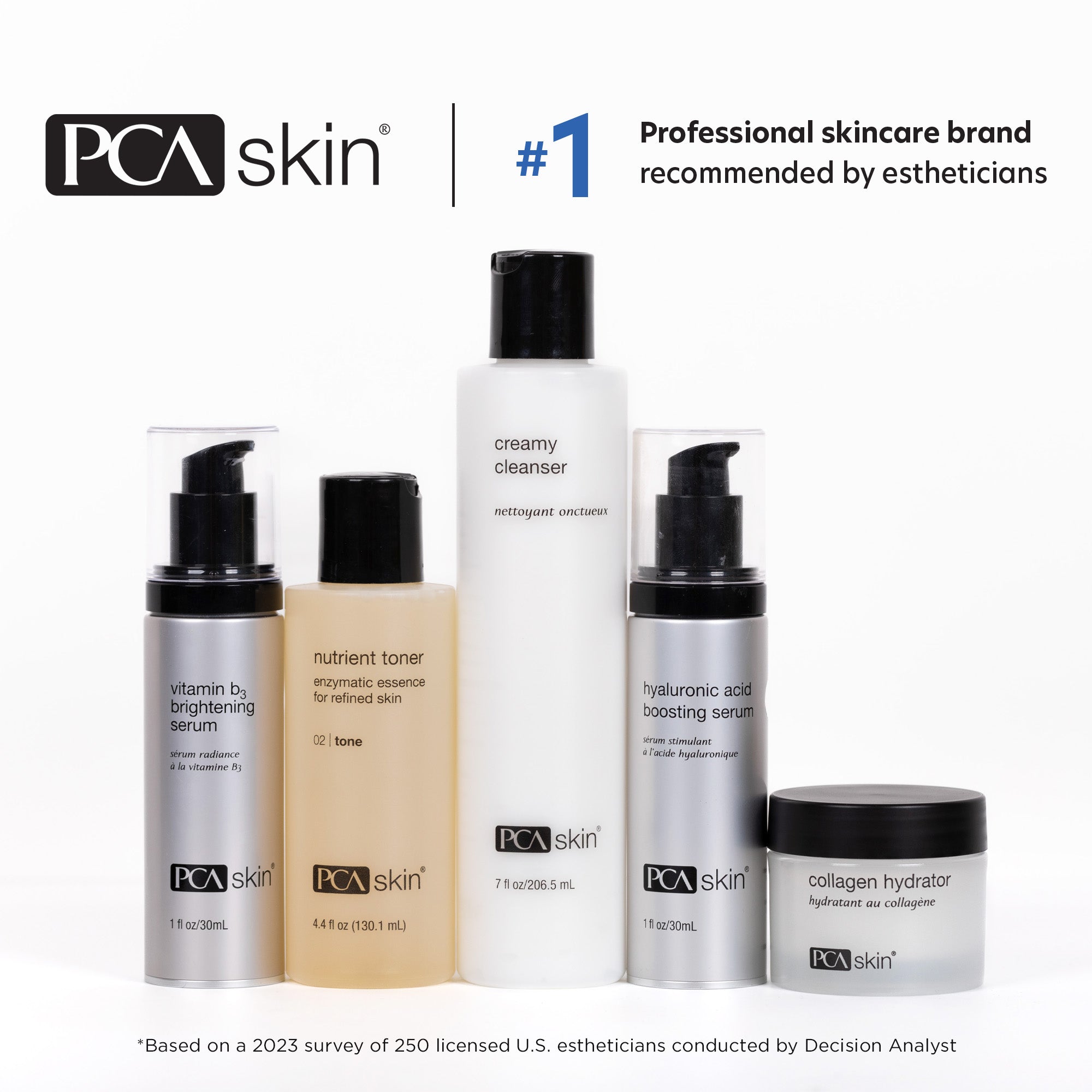 PCA Skin skincare products on a white background with brand name and product types displayed.