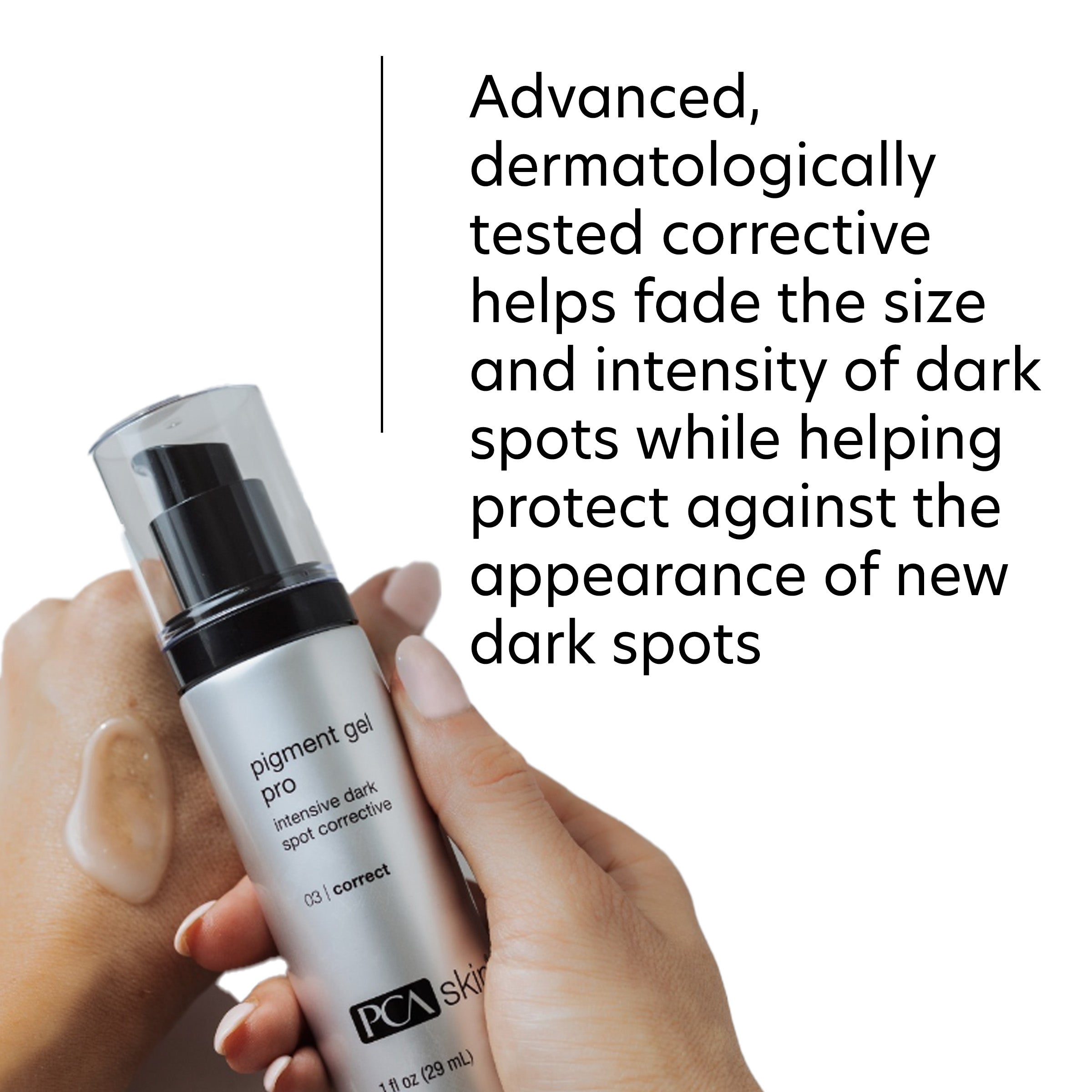 PCA Skin pigment gel pro bottle held by a hand with text about dark spot correction.