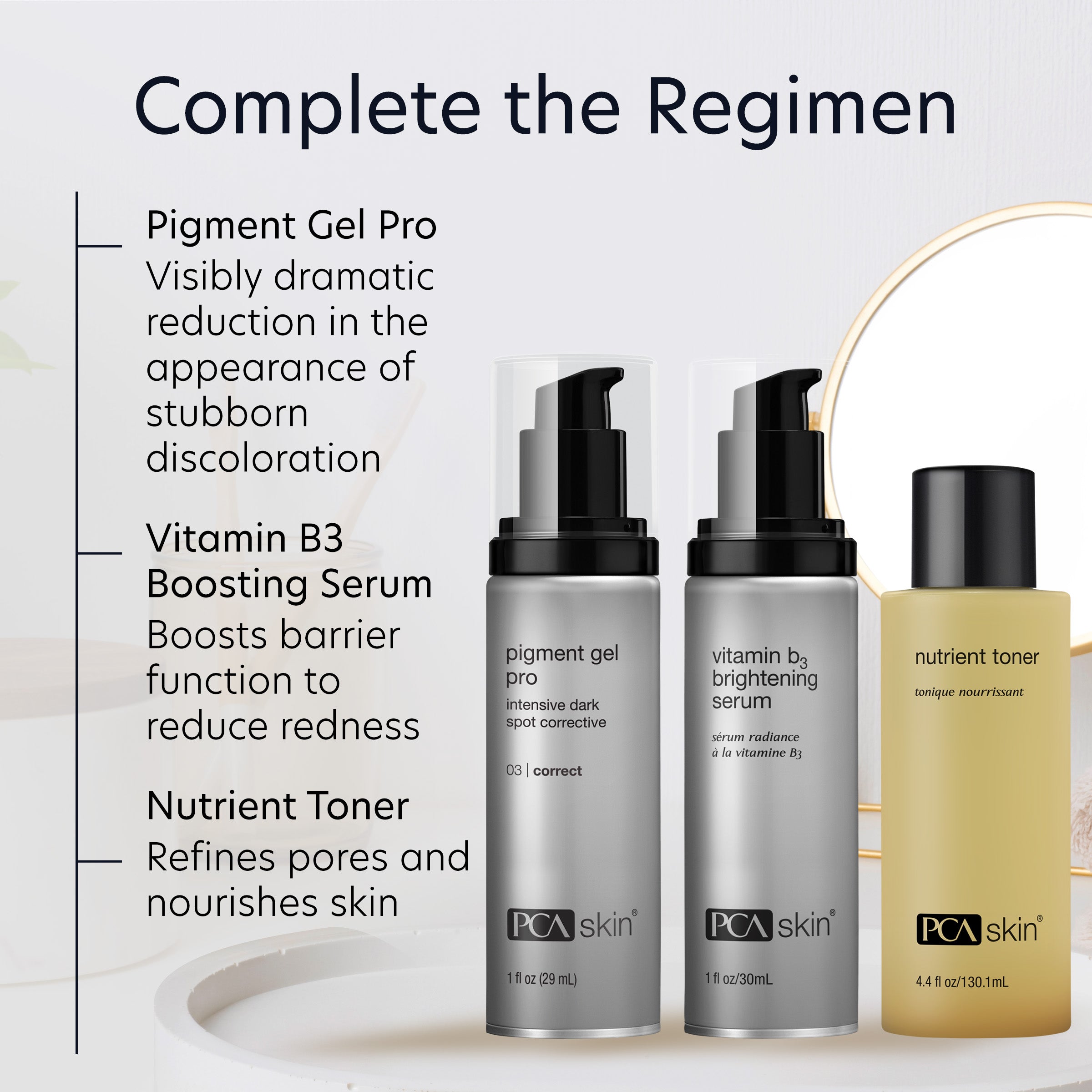 PCA skin skincare products with text describing their benefits on a light background