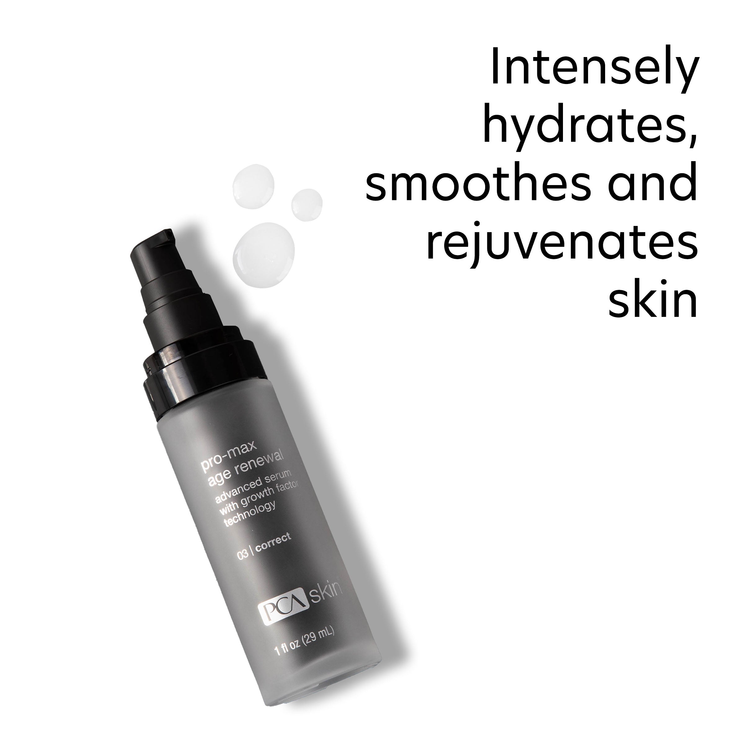 Skincare bottle with text 'Intensely hydrates, smooths and rejuvenates skin' on a white background
