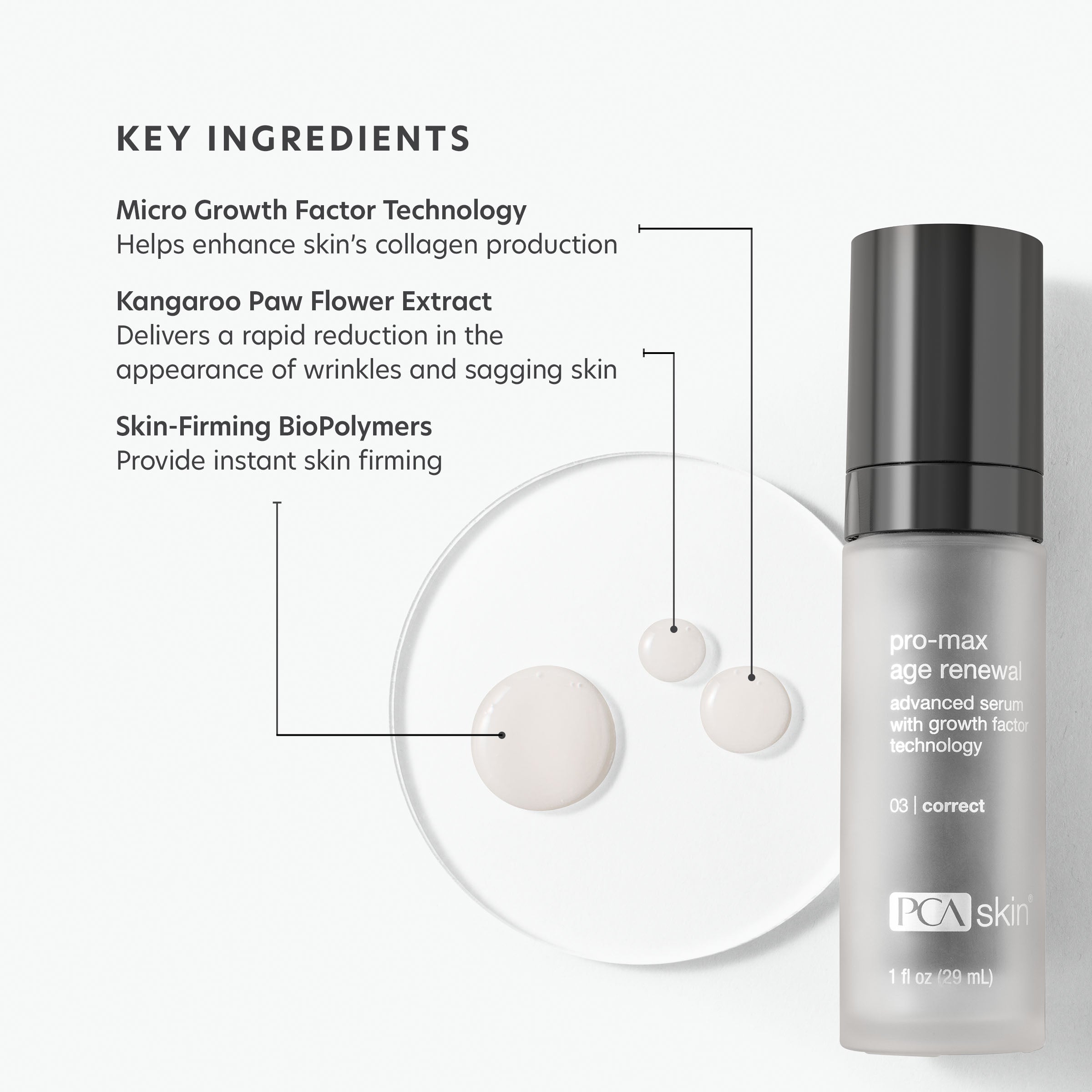 PCA Skin serum bottle with key ingredients listed on a white background