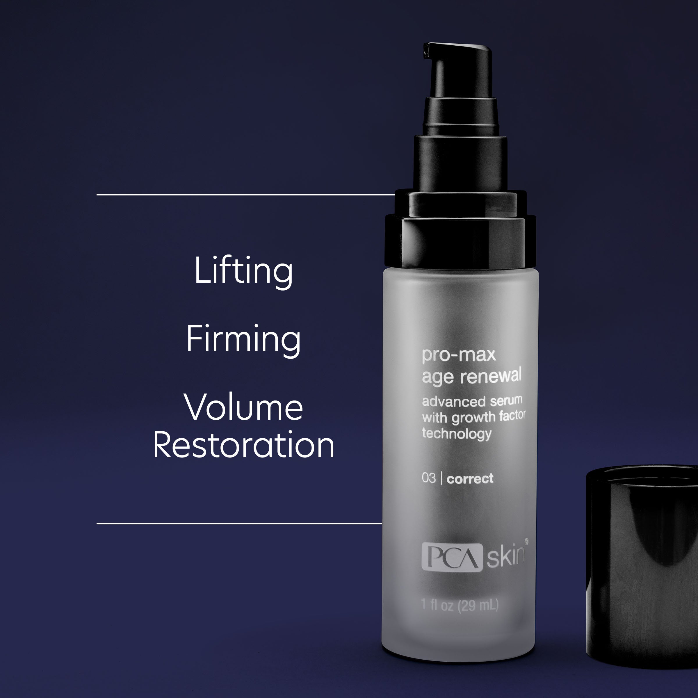 PCA Skin serum bottle with text on a dark background