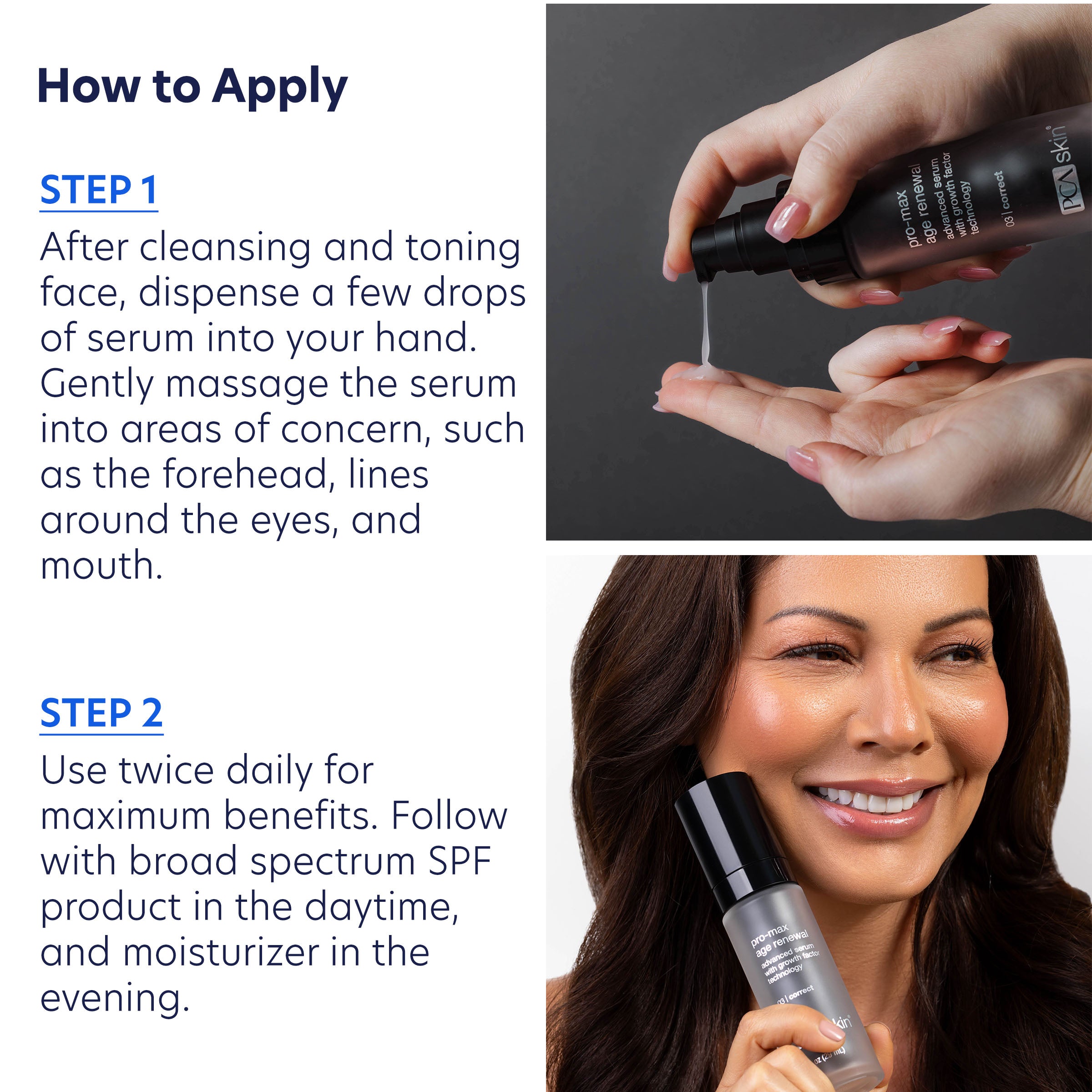 Instructions on how to apply a serum with text and images of a woman holding a bottle.