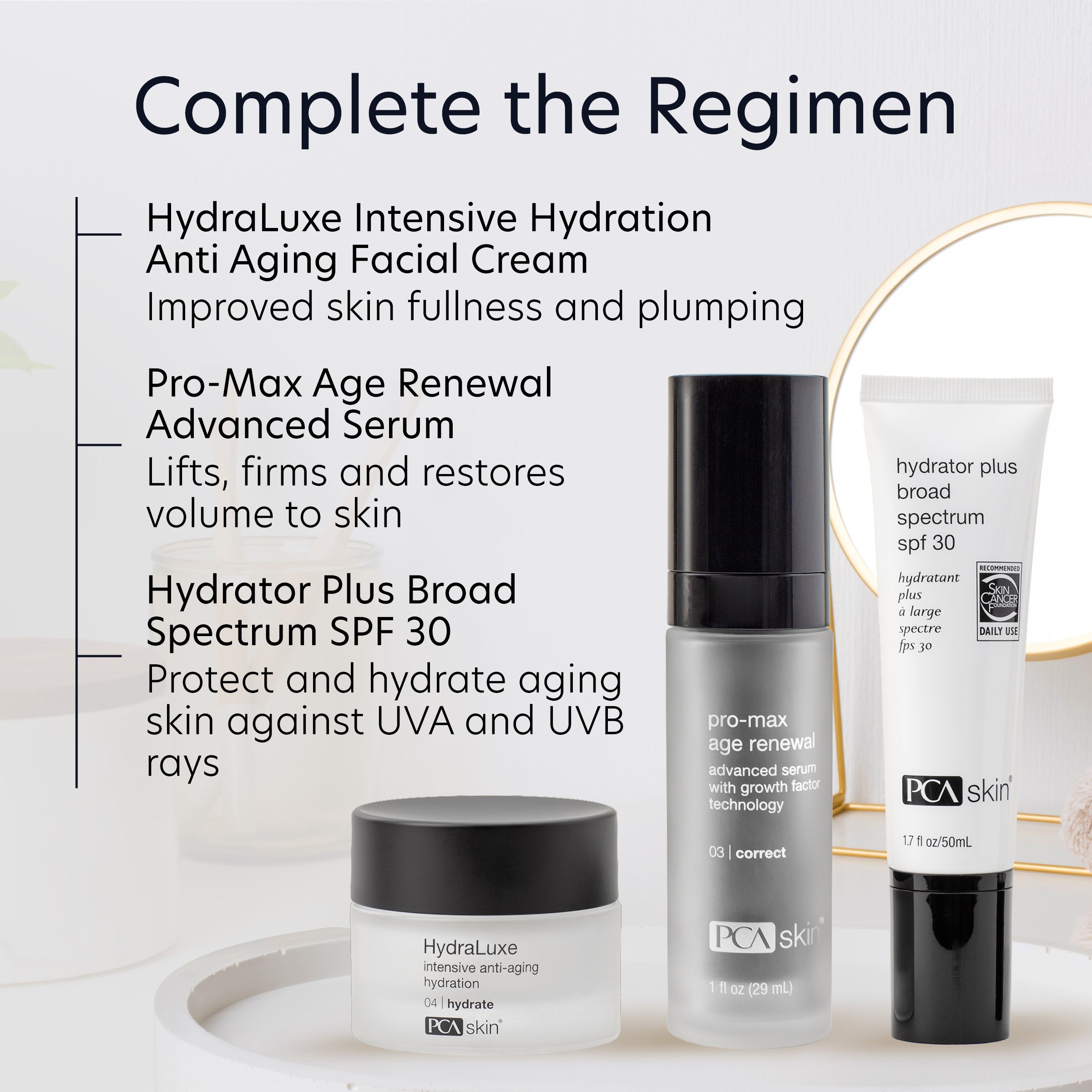 PCA Skin skincare products with text describing their benefits on a light background