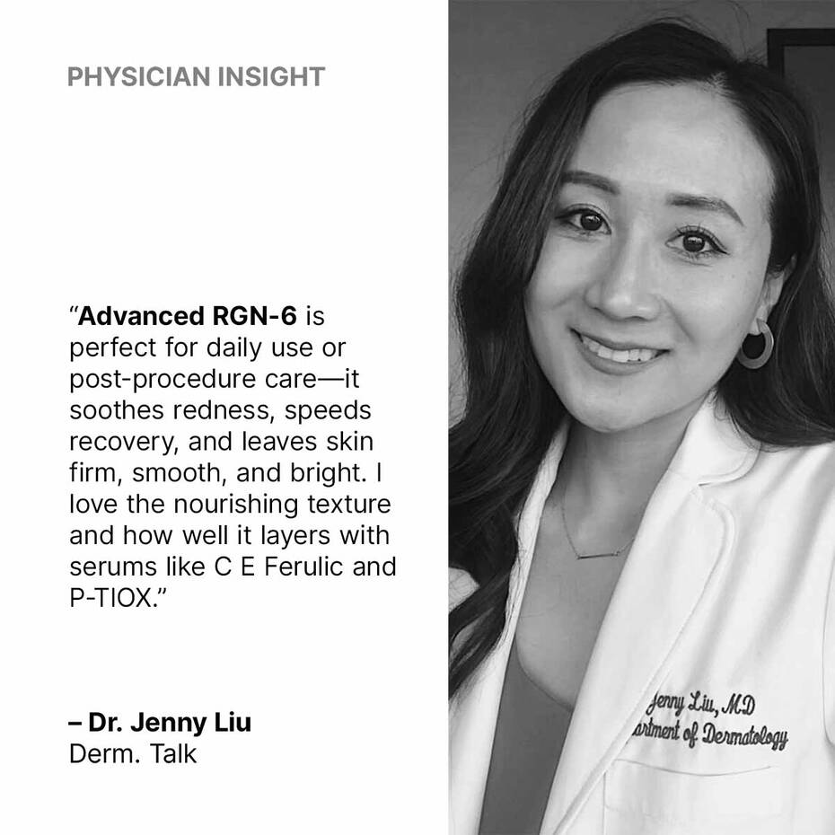 Black and white photo of a woman in a lab coat with text about Advanced RGN-6 skincare product.