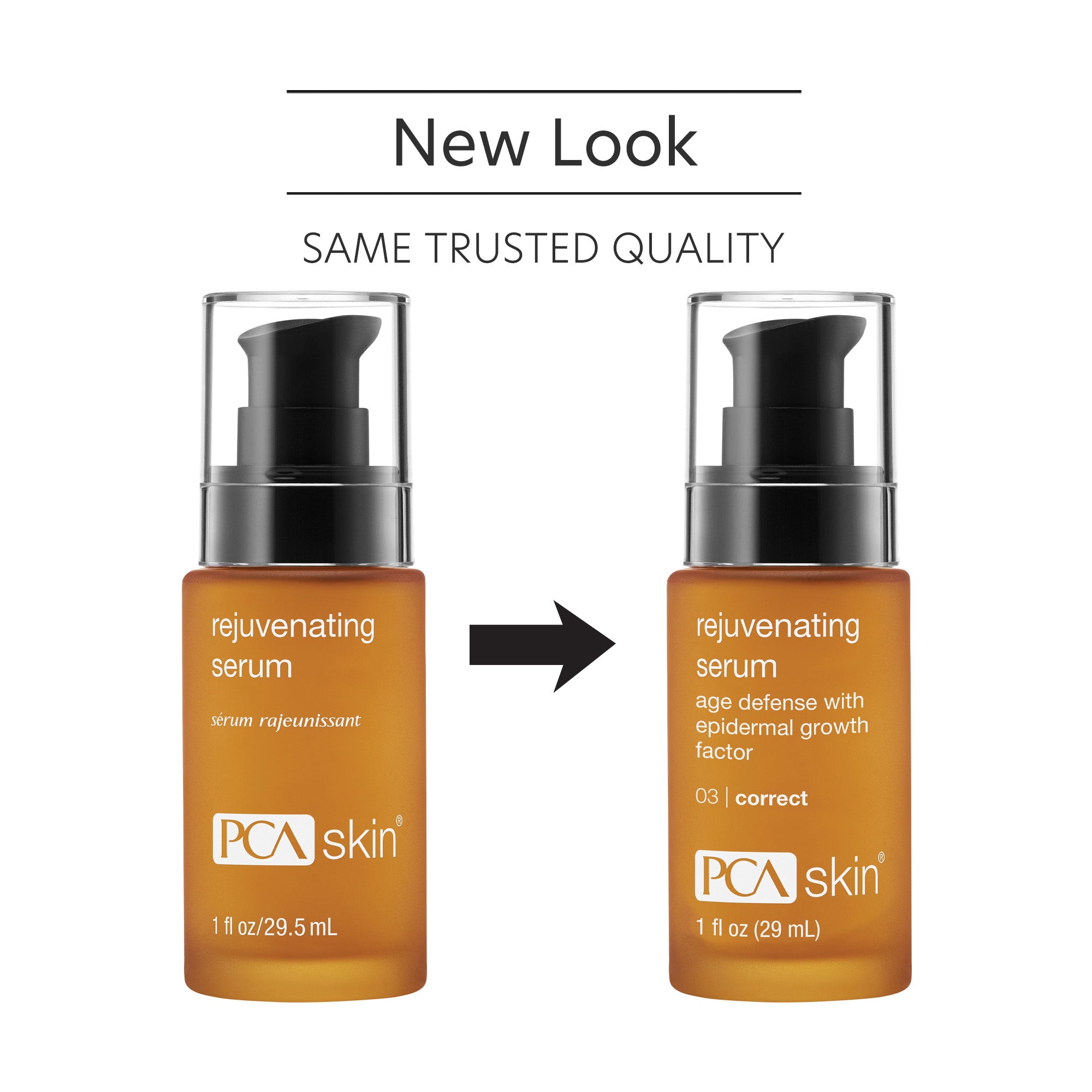 Two bottles of PCA Skin rejuvenating serum with a new look comparison on a white background.